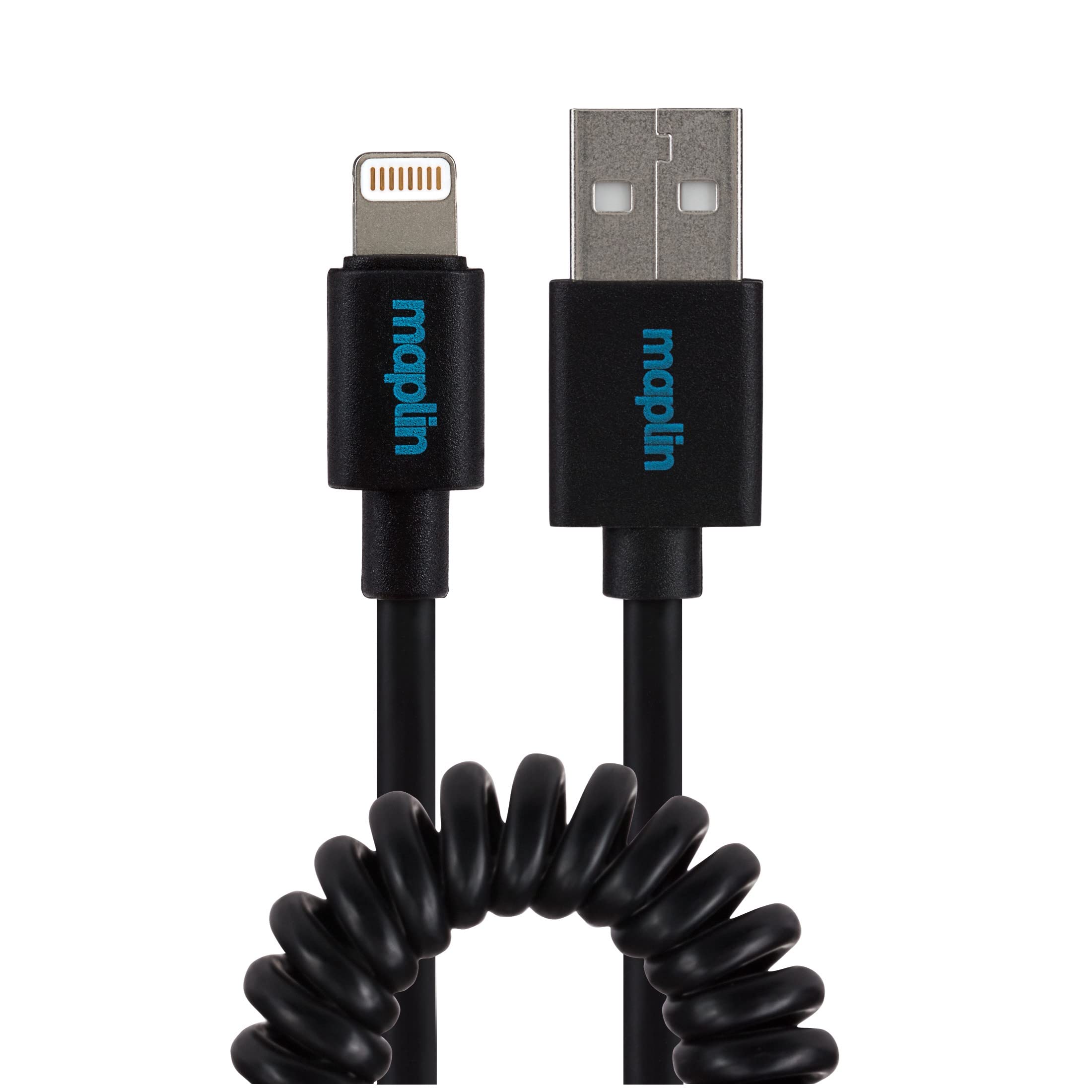 Maplin Lightning to USB-A Coiled Curly Charging Cable Extending to 0.5m, Black, Compatible with all iPhones 14, 13, 12, 11, SE, iPad Air/Mini (2019), iPad (up to 2021), Airpods (w/Lightning Case)