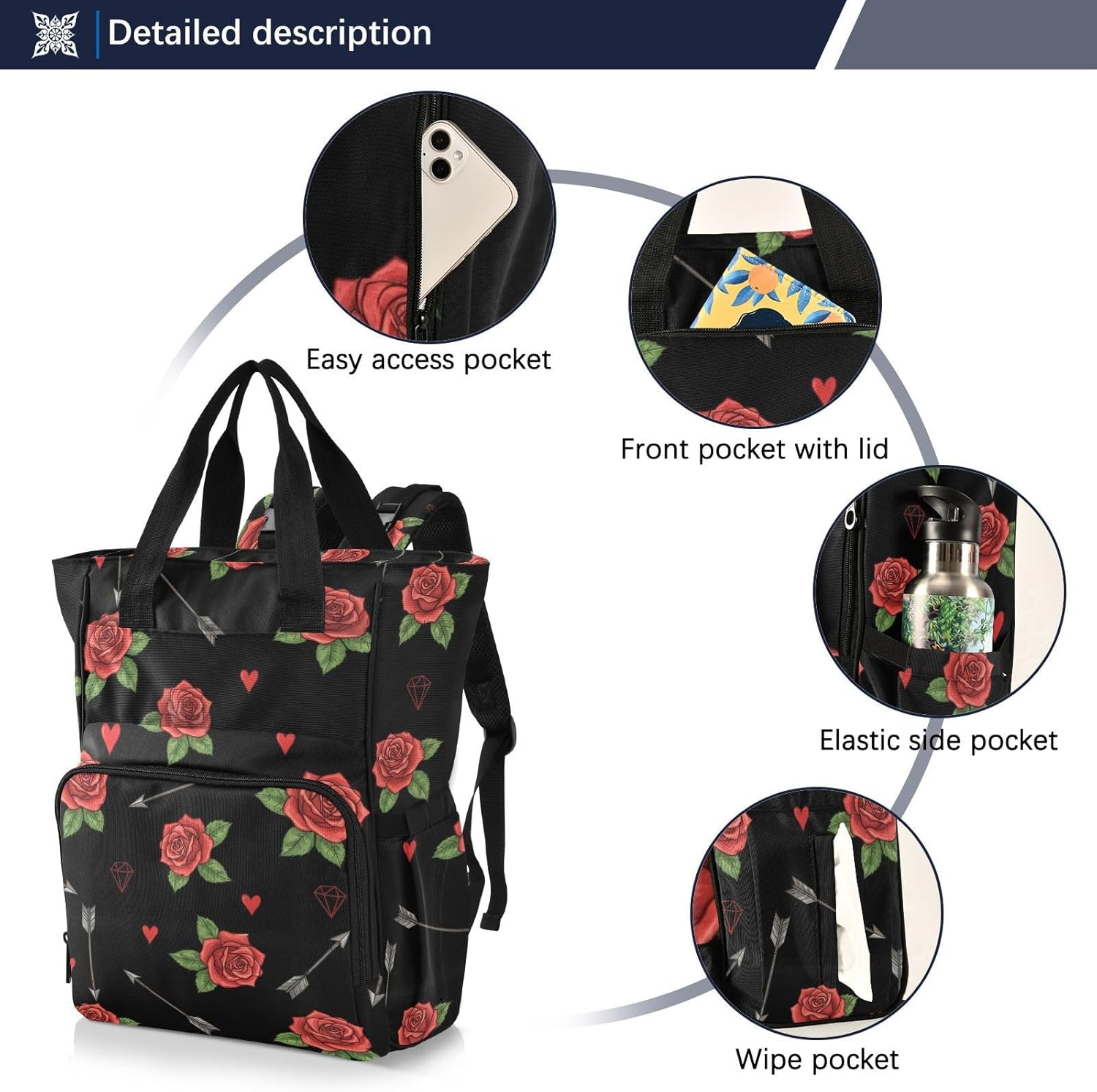 Valentines Roses Arrows Black Pattern Diaper Bag Backpack for Baby Boys Girls Multifunction Baby Essentials Travel Tote with Stroller Straps & Bottle Storage Large Travel Diaper Backpack for Baby