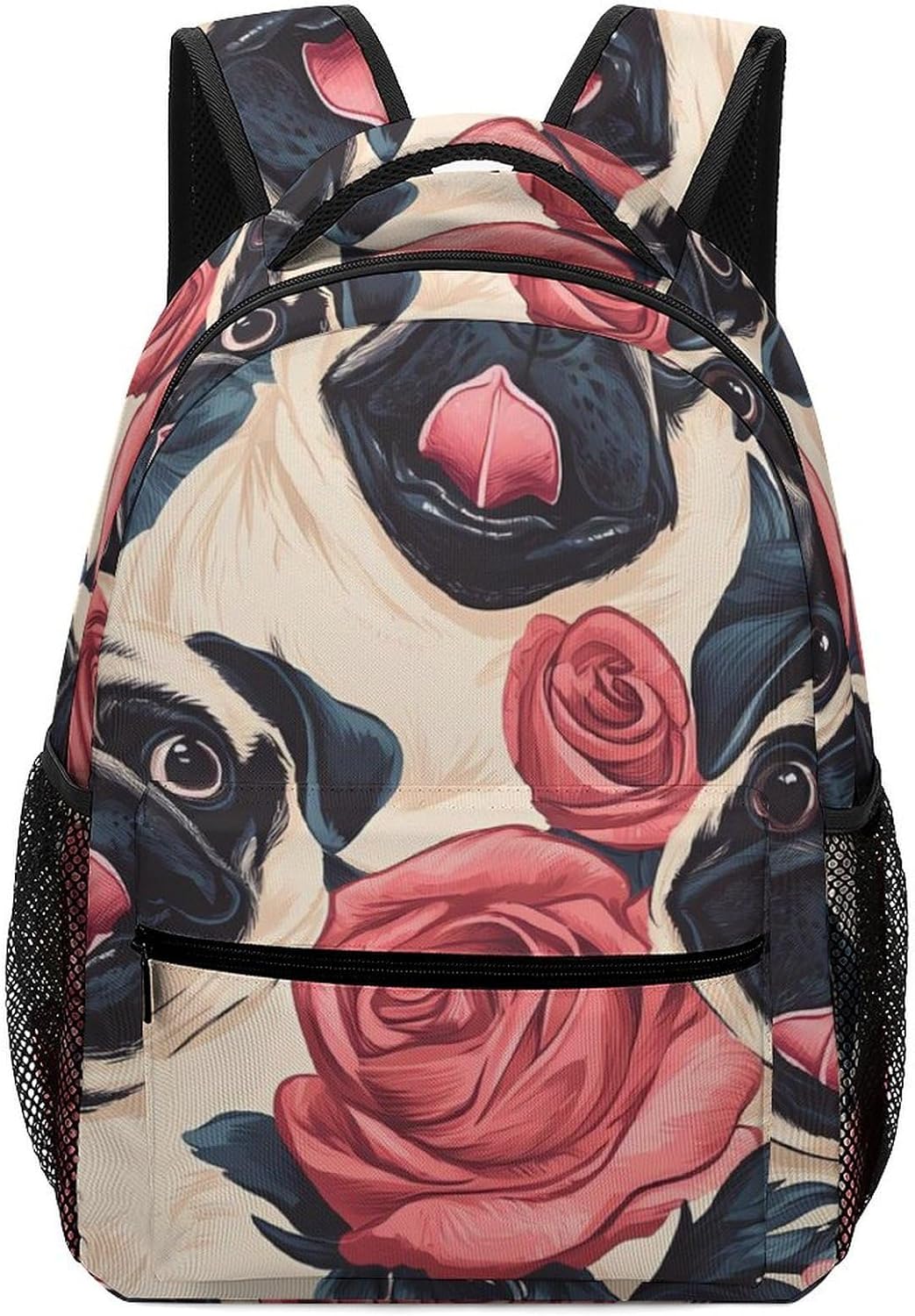 Rose Pug Dog Flowers Unisex Backpack Casual Daypacks Lightweight Shoulders Bag for Camping Hiking Travel