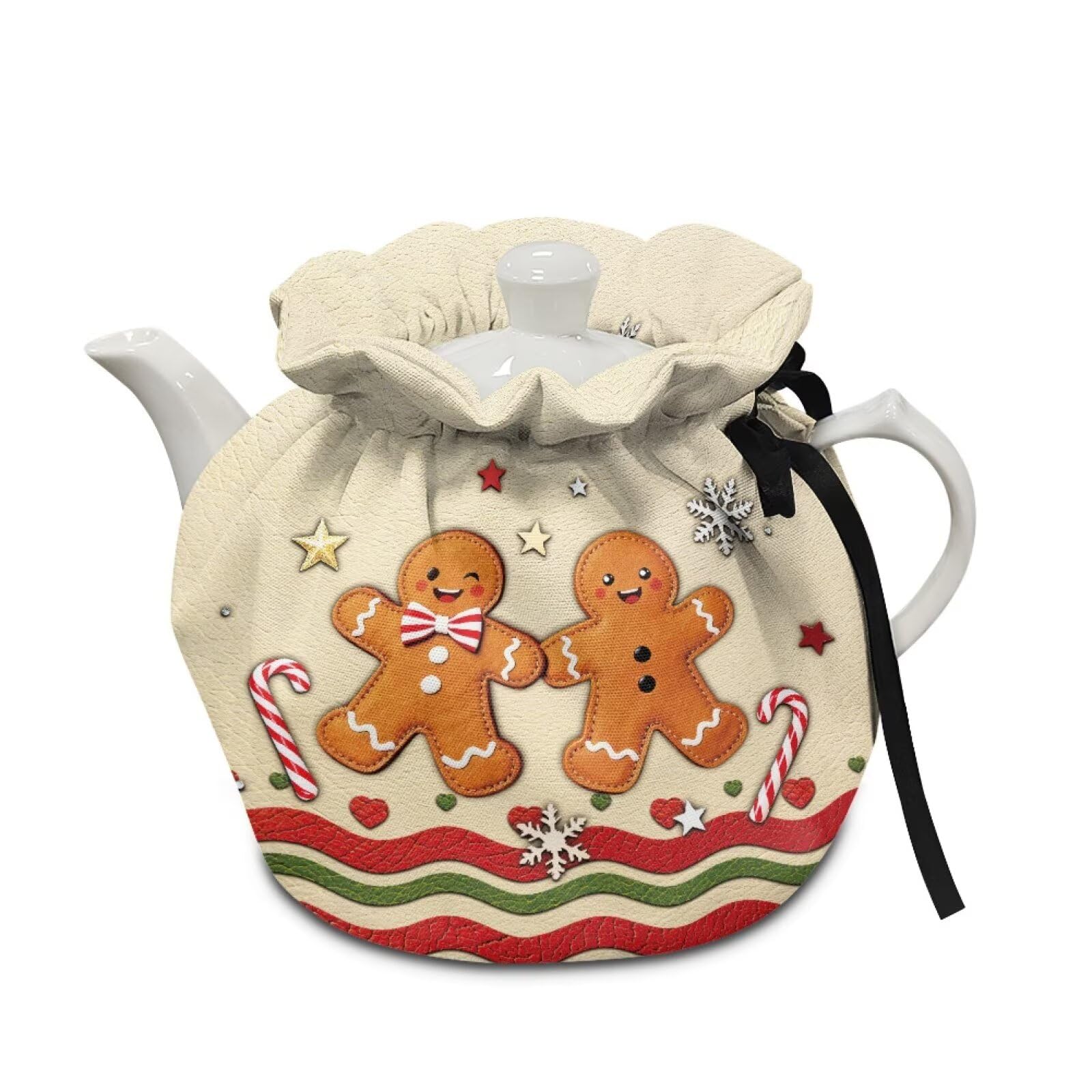 Christmas Gingerbread Man Tea Pot Cozies Double-Sided Christmas Drawstring Teapot Dust Cover Insulation Warmth Breakfast Pot Holder Washable Reusable Table Decoration