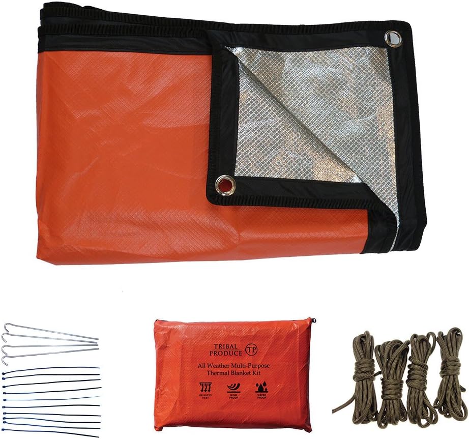 Offer for 2017 – Kit Multi-Function Thermal Survival Blanket Reusable In All Seasons Waterproof Reflective Paracord, Pegs, Steel and Aluminium Cover Case – Orange