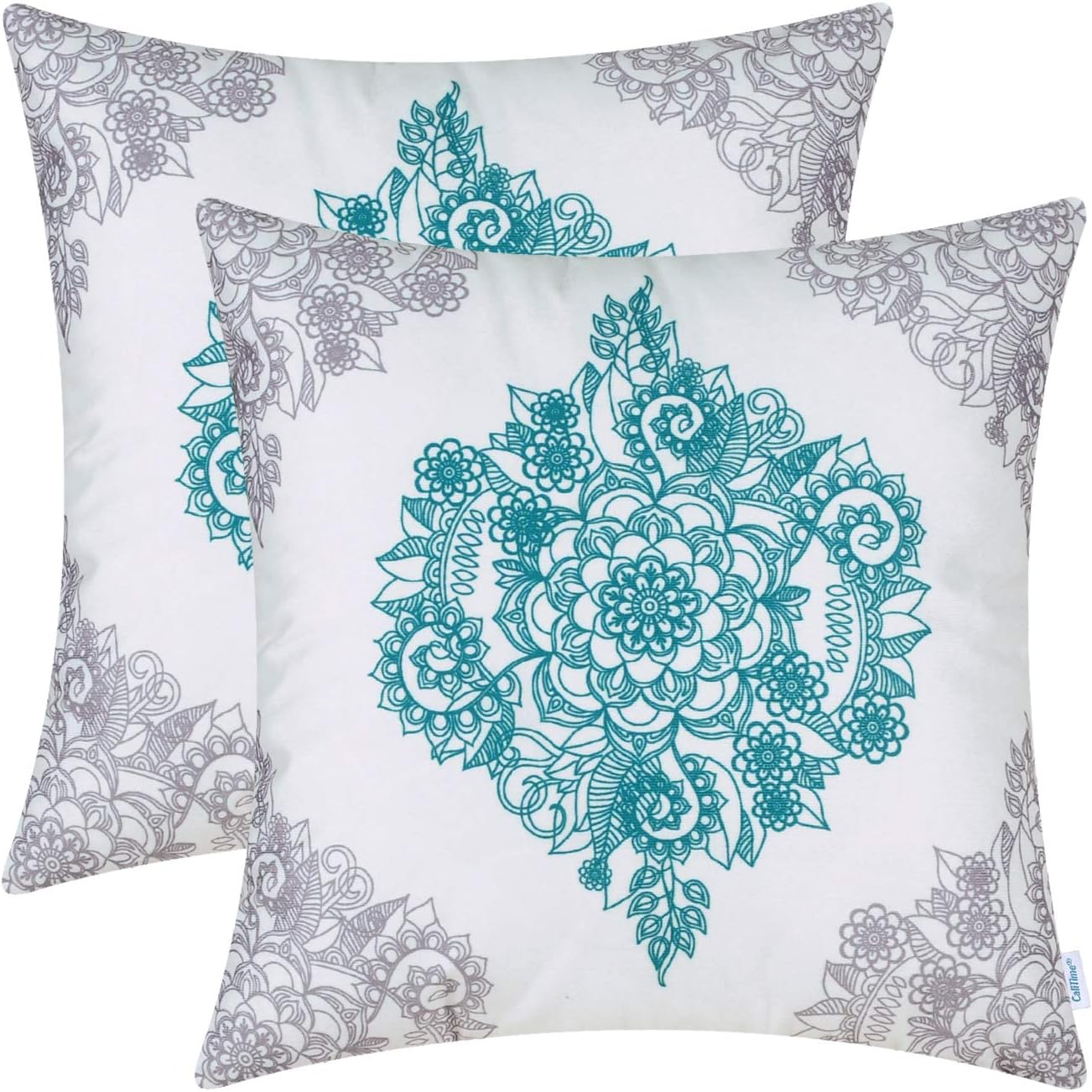 CaliTime Pack of 2 Cozy Throw Pillow Cases Covers for Couch Bed Sofa Manual Hand Painted Print Vintage Mandala Floral 18 X 18 Inches Grey/Teal