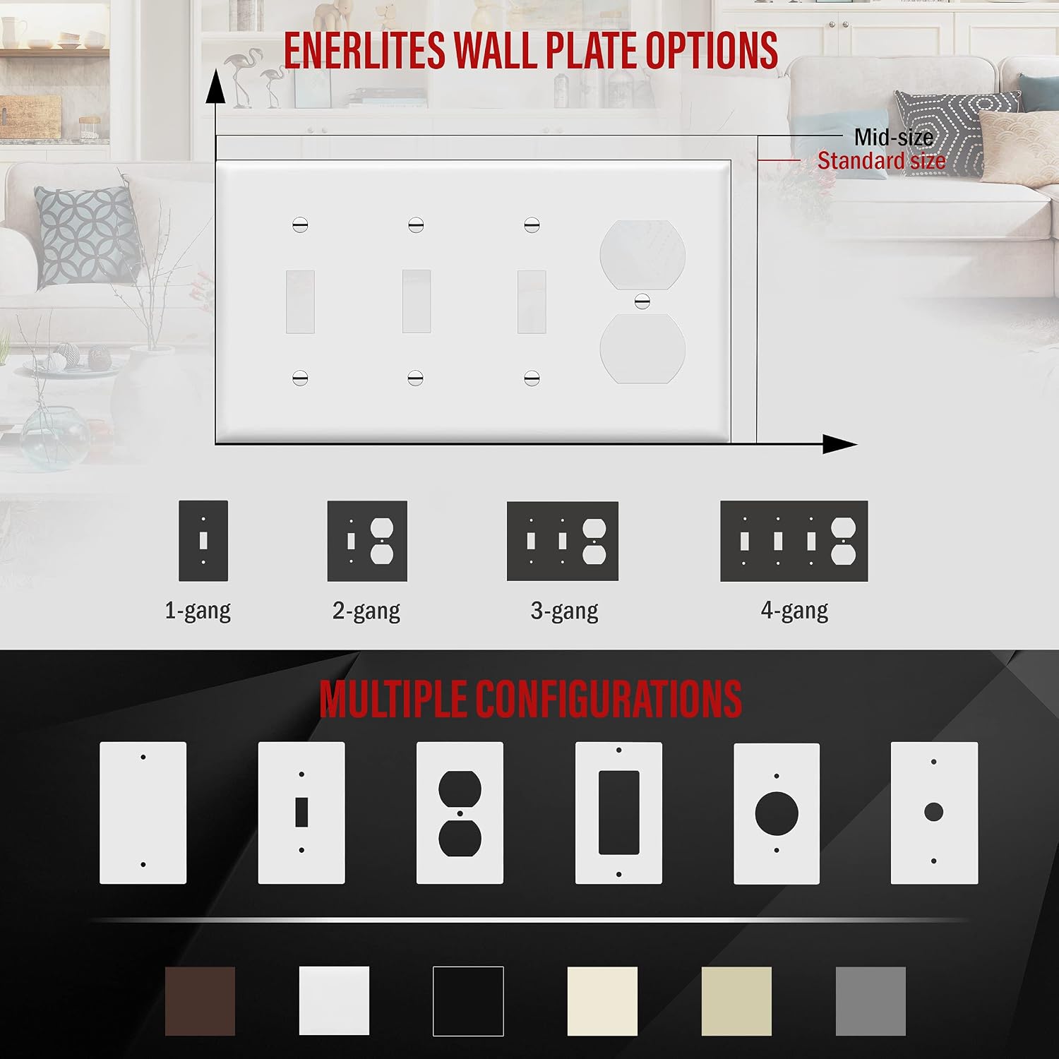 ENERLITES Combination Triple Toggle/Single Duplex Receptacle Outlet Wall Plate, Standard Size 4-Gang Light Switch Cover (4.50" x 8.19"), Polycarbonate Thermoplastic, UL Listed,881321-W, 1. White
