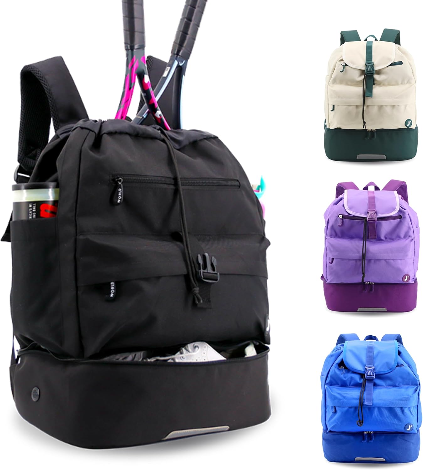 J World Ace 2 Racket Tennis Backpack for Women Men. Badminton Squash Pickleball Bag. Kids Sports Gym Bag w/Shoe Compartment