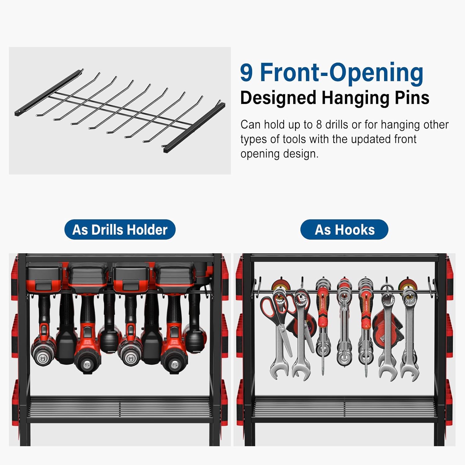 JUNNUJ Garage Large Power Tool Organizer Cart with 8 Outlet 3 USB Charging Station, Floor Rolling Drill and Tools Battery Storage Cart on Wheels, Heavy Duty Utility Rack Shelf with Power Strip