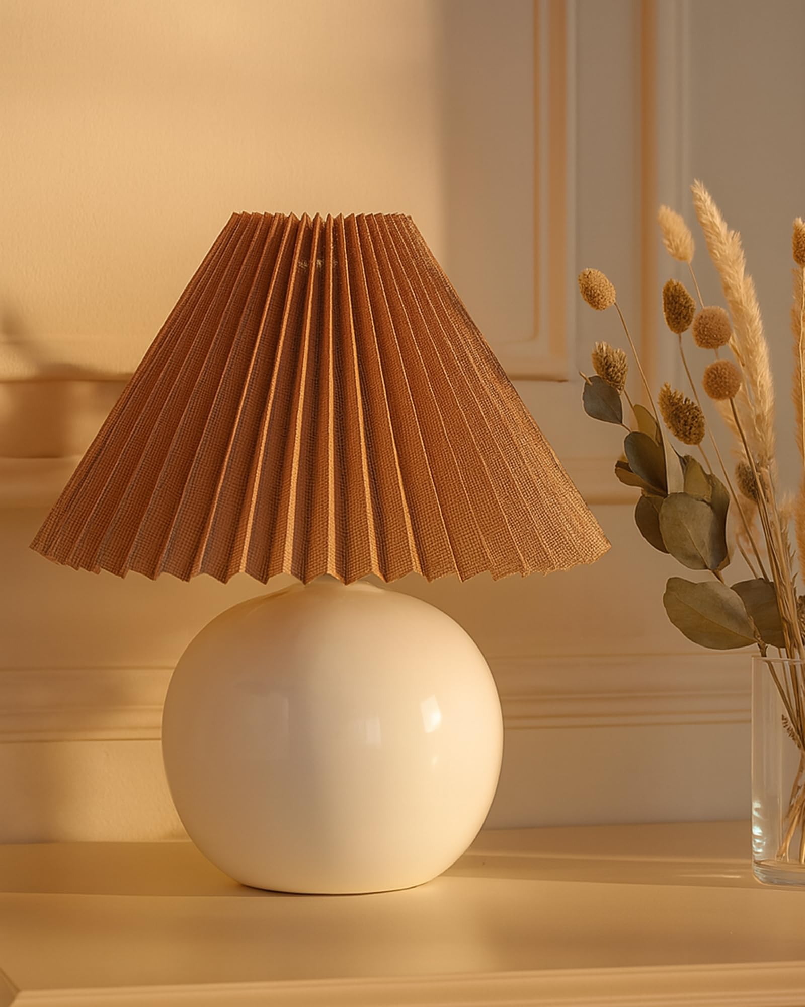 Homesake® Bedside Ceramic Table Lamp, Classic Desk lamp for Living Room Bedroom, Farmhouse Nightstand Lamps Round with Fabric Shade (Beige)-image-17