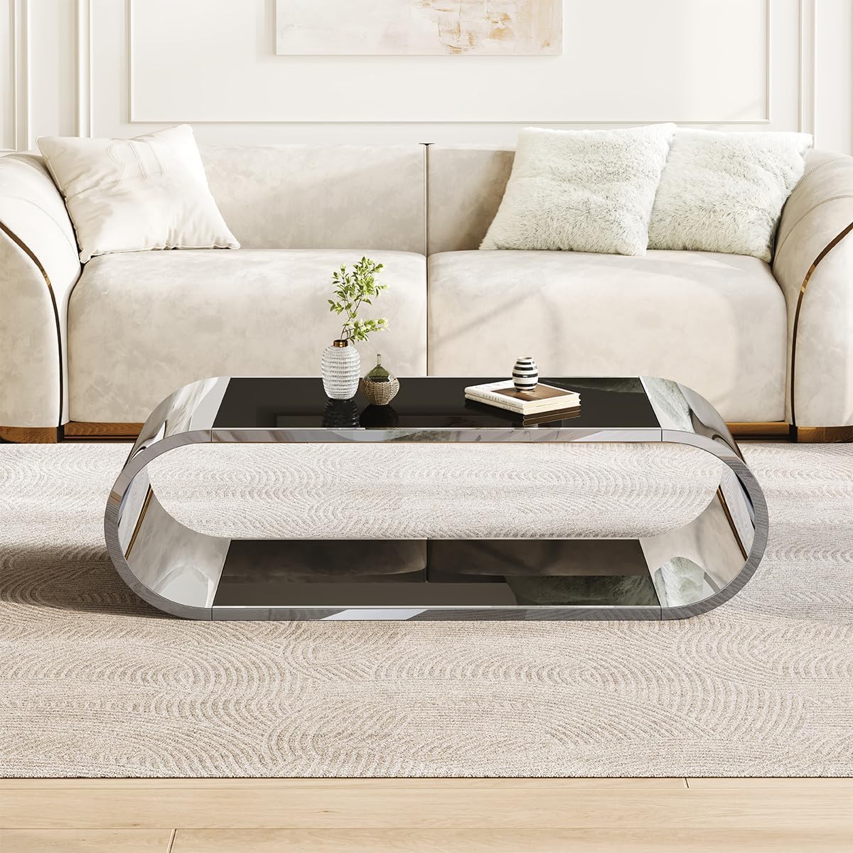 Luxrious Silver Coffee Table with Black Glass Top Living Room Tea Table with Silver Stainless Steel Base,57"