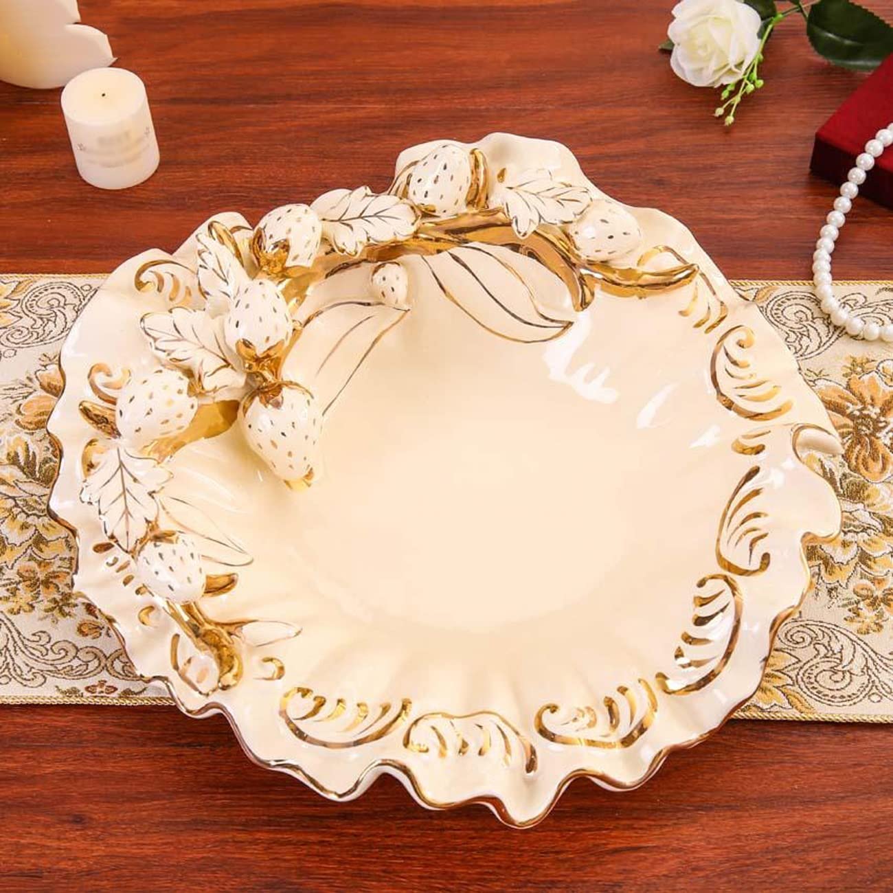 Plato de Frutas Plato de cerámica para Dulces nueces Platos de Porcelana Aperitivos compota Bayas Bandeja de Almacenamiento Exquisita decoración Tallada,