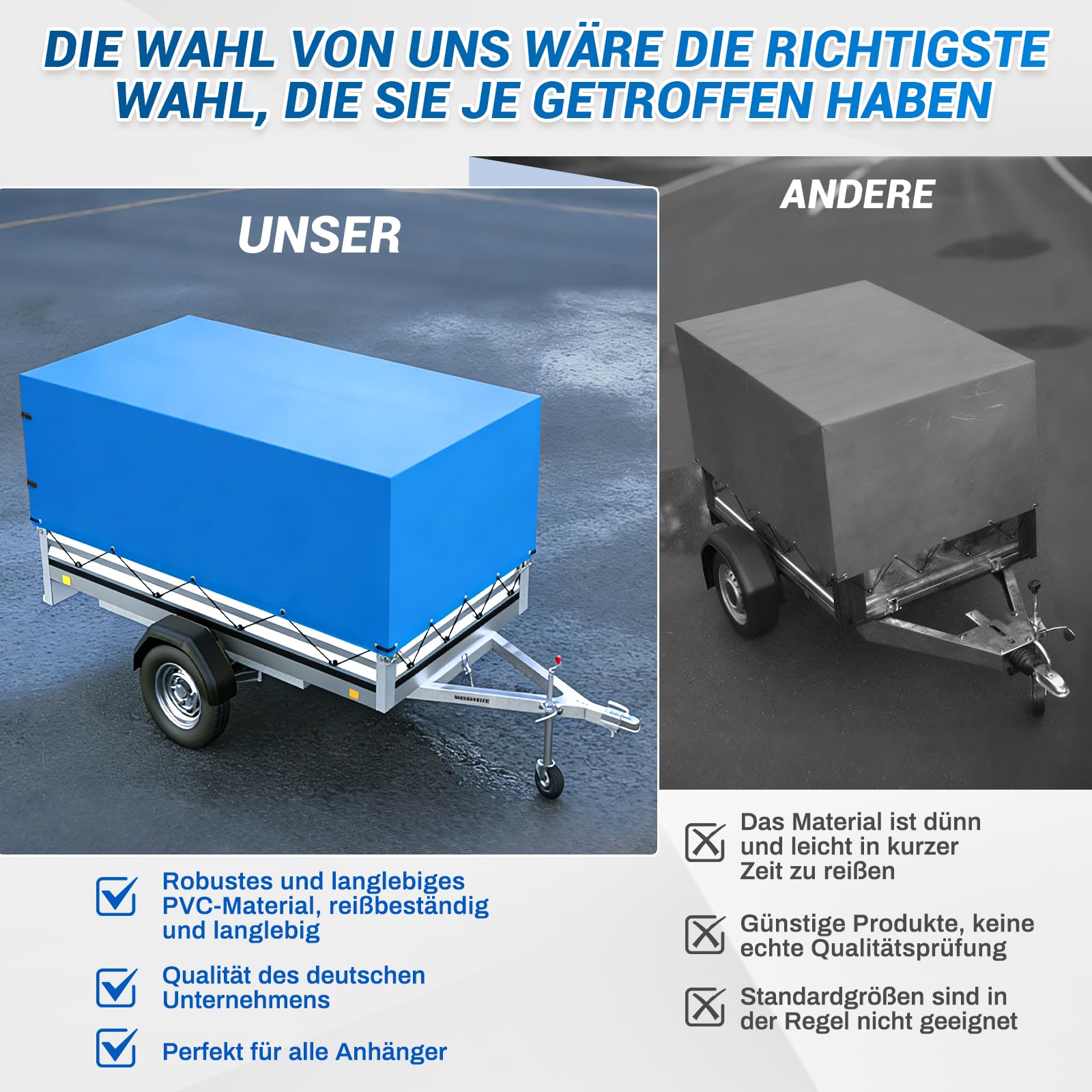 Hochplane für Anhänger 210x114x110 cm, Anhängerplane mit Schnallriemen und Gummigurt, wasserfeste und Winddichte Schutzplane, Abdeckplane 600D,Anhänger Abdeckung Plane für 750kg 850kg PKW Hänge