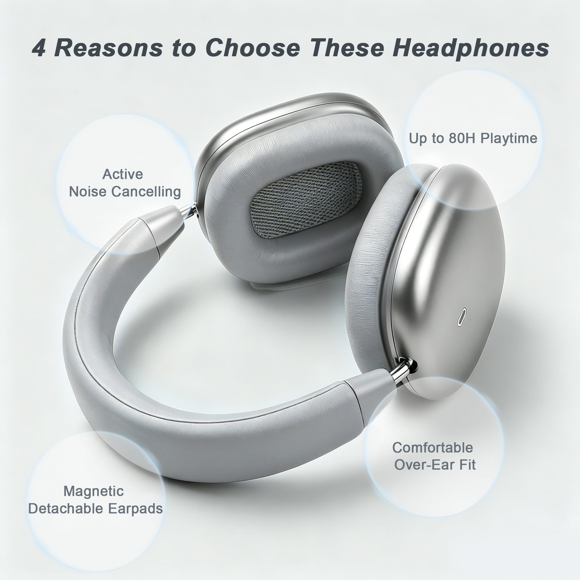 Cuffie over-ear wireless, auricolari magnetici staccabili, cuffie Bluetooth con cancellazione del rumore, 80 ore di autonomia, morbide e confortevoli, con microfono, per lavoro, viaggi, F7