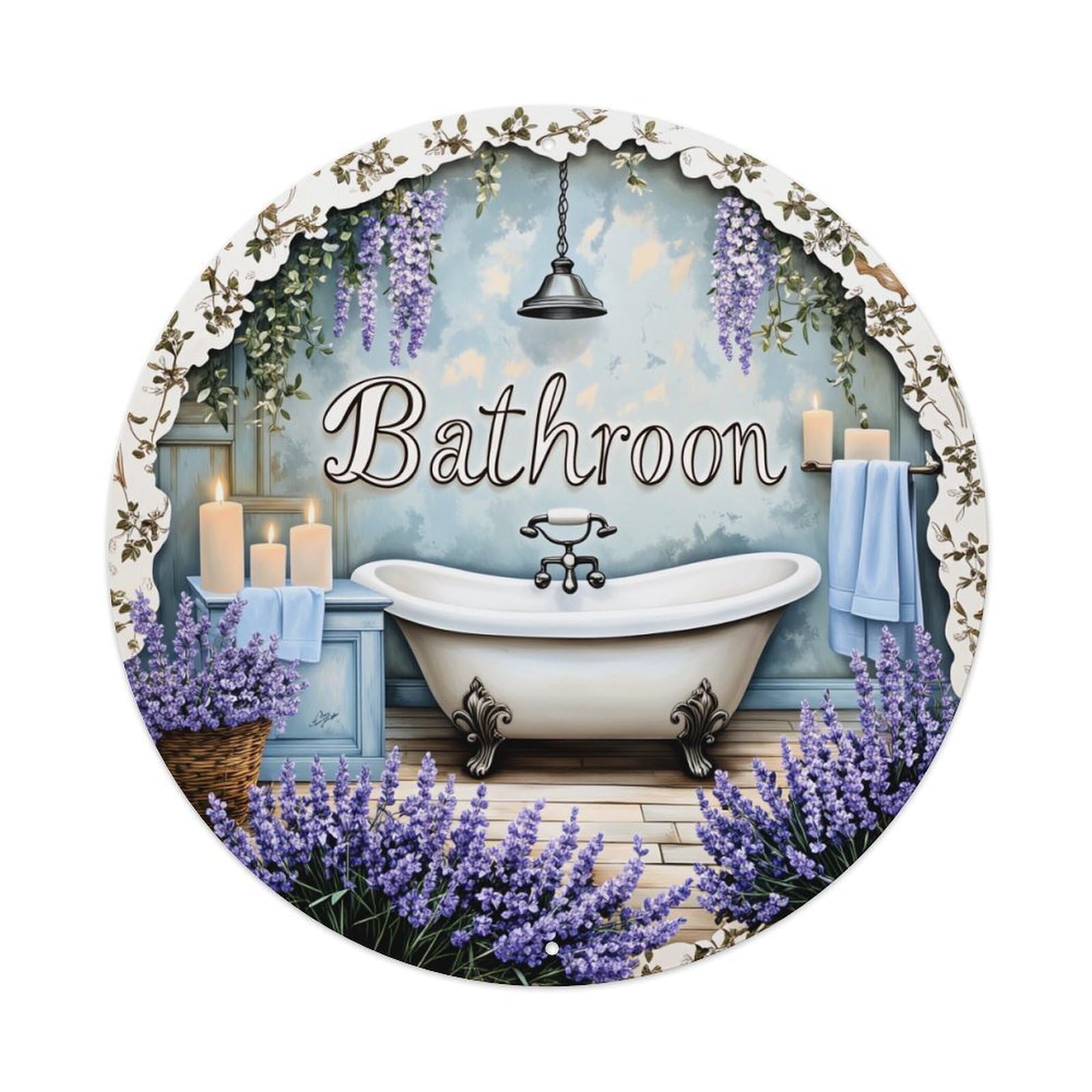 Bathroom Lavender Candles Bathtub Flowers Round Tin Sign Vintage Metal Poster, Home Bar Garage Man Cave Cafe Indoor & Outdoor Wall Decoration 8x8Inches