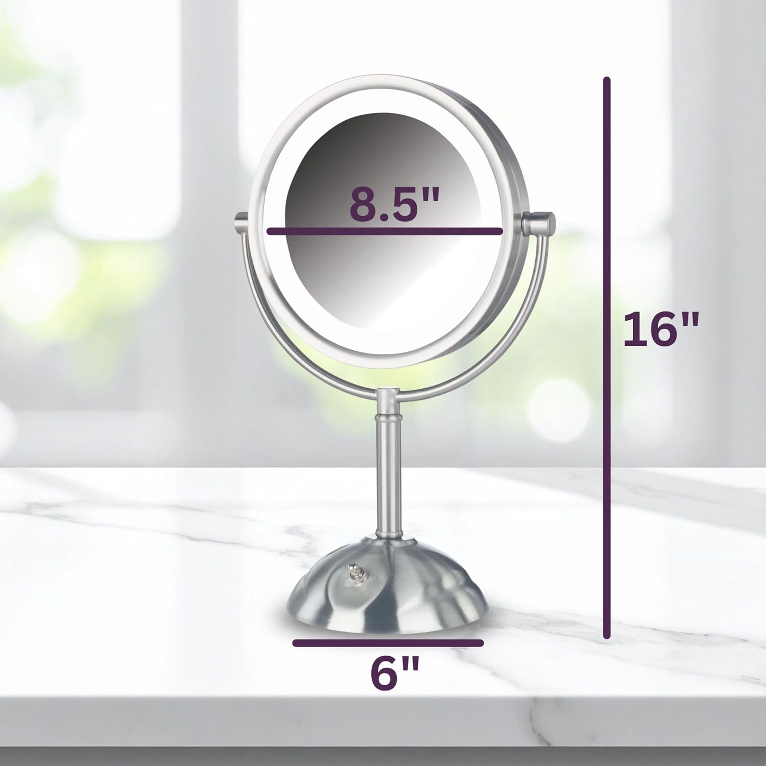 JERDON Tabletop Makeup Mirror with Lights - 1X/8X Magnification - Nickel 8.5" Vanity Mirror - Model HL8808NL