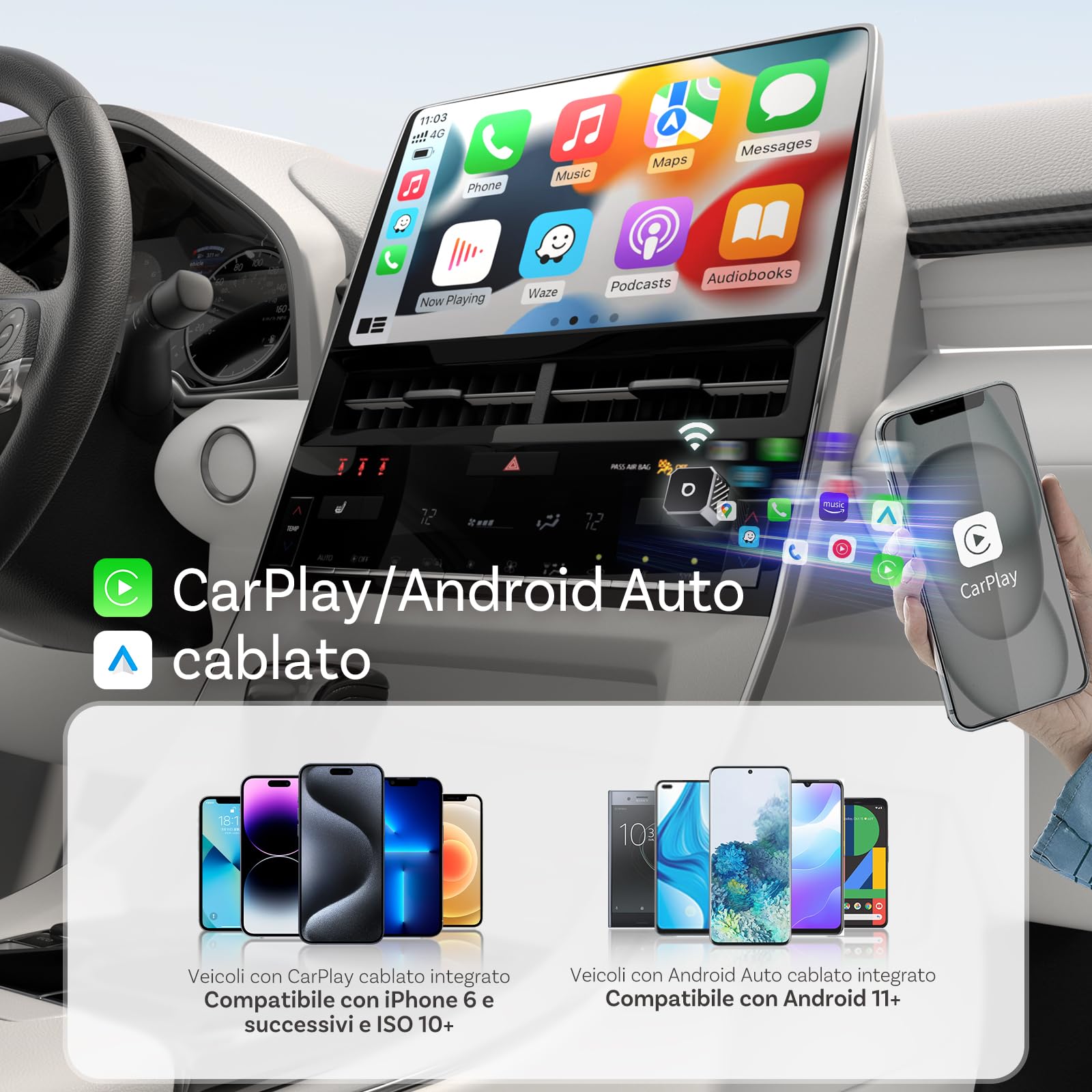 OTTOCAST Mini Pot 2025, Adattatore Wireless 2 in 1 per CarPlay e Android Auto, Compatibile con iOS 10+/Android 11+ e Auto dal 2016 in Poi, Plug & Play, USB-A/Type-C, Aggiornamento OTA, Argento