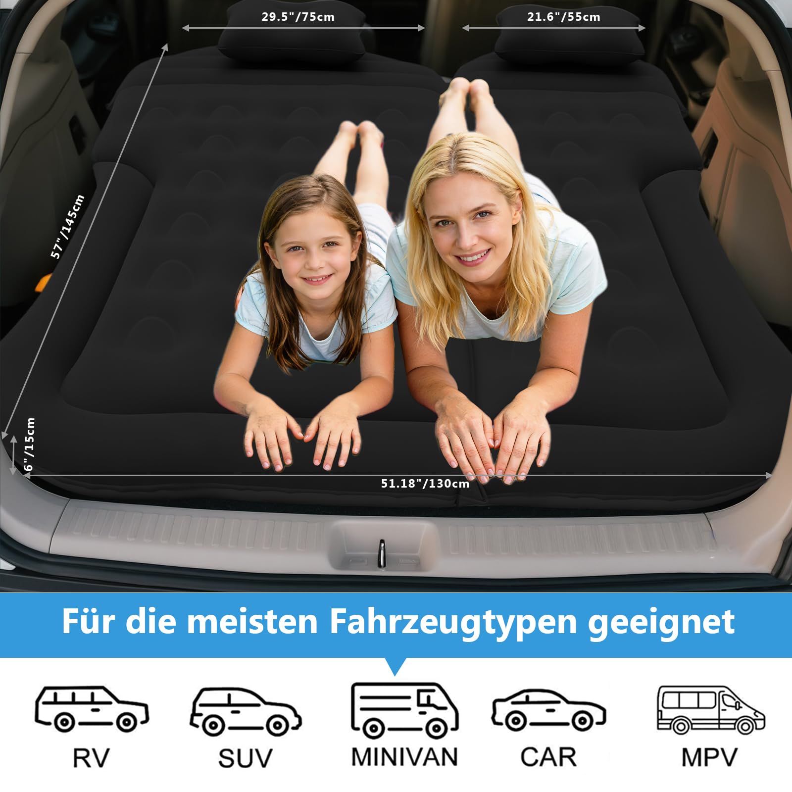 SUV Auto Matratze Luftmatratze, Aufblasbare Auto Luftmatratze für Kofferraum & Rückbank, Luftbett Auto Matratze mit Pumpe & 2 Kissen, Automatratze für Camping Reise Outdoor Komfort (Schwarz)