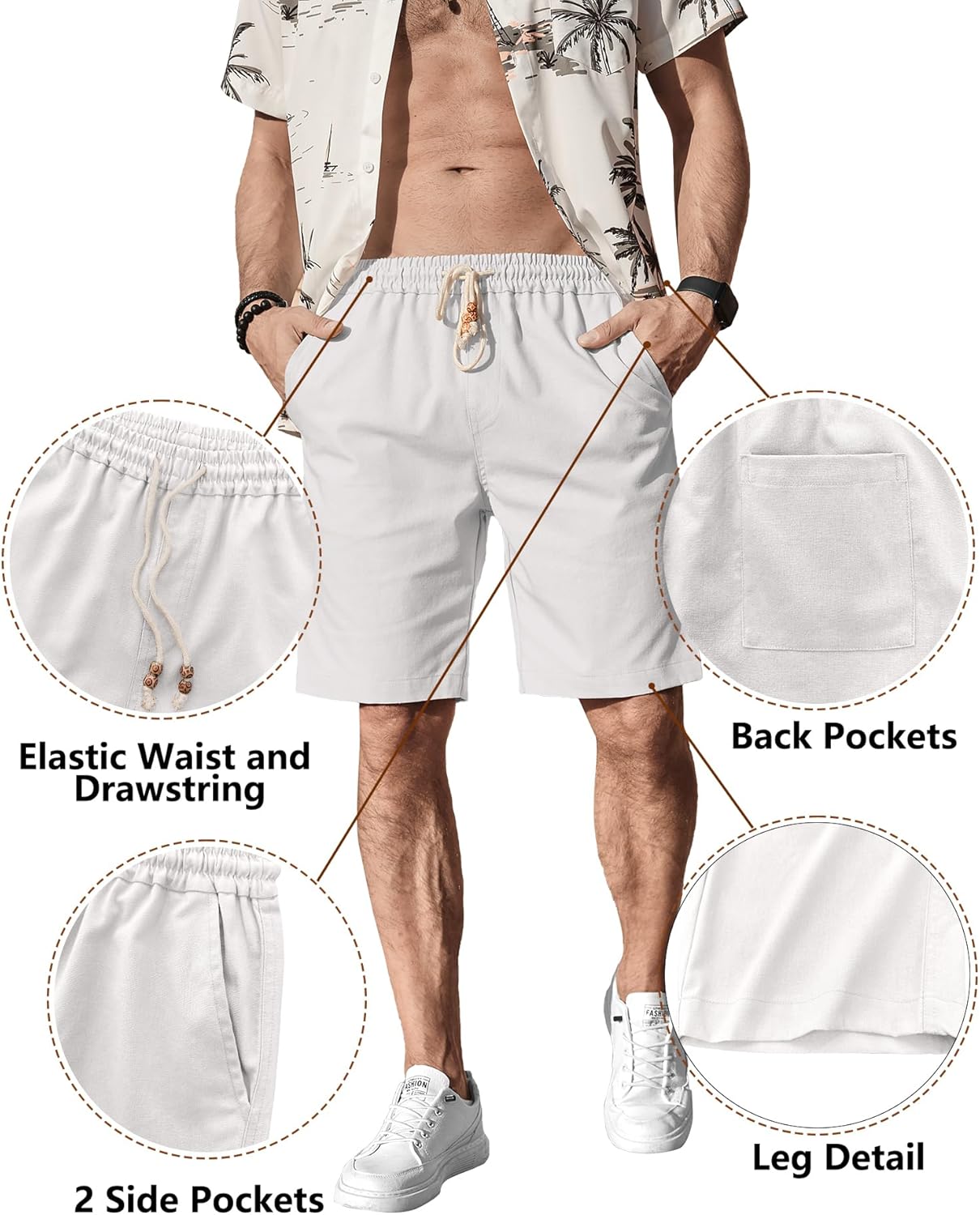 Comdecevis Men's Linen Shorts Casual Elastic Waist Drawstring Summer Beach Vacation Yoga Golf Shorts with Pockets - Image 4