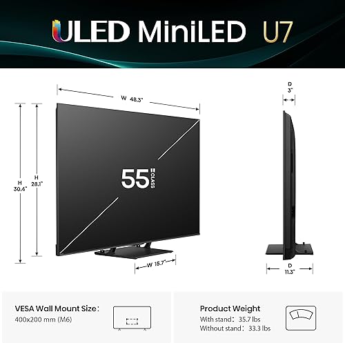 Miniatura 2 de Hisense Smart TV U7 Mini-LED ULED 4K UHD Premium Gaming Google, 55 pulgadas (55U75QG, Mod. 2025) QLED, Native 165Hz, VRR 288, hasta 3000 Nits,