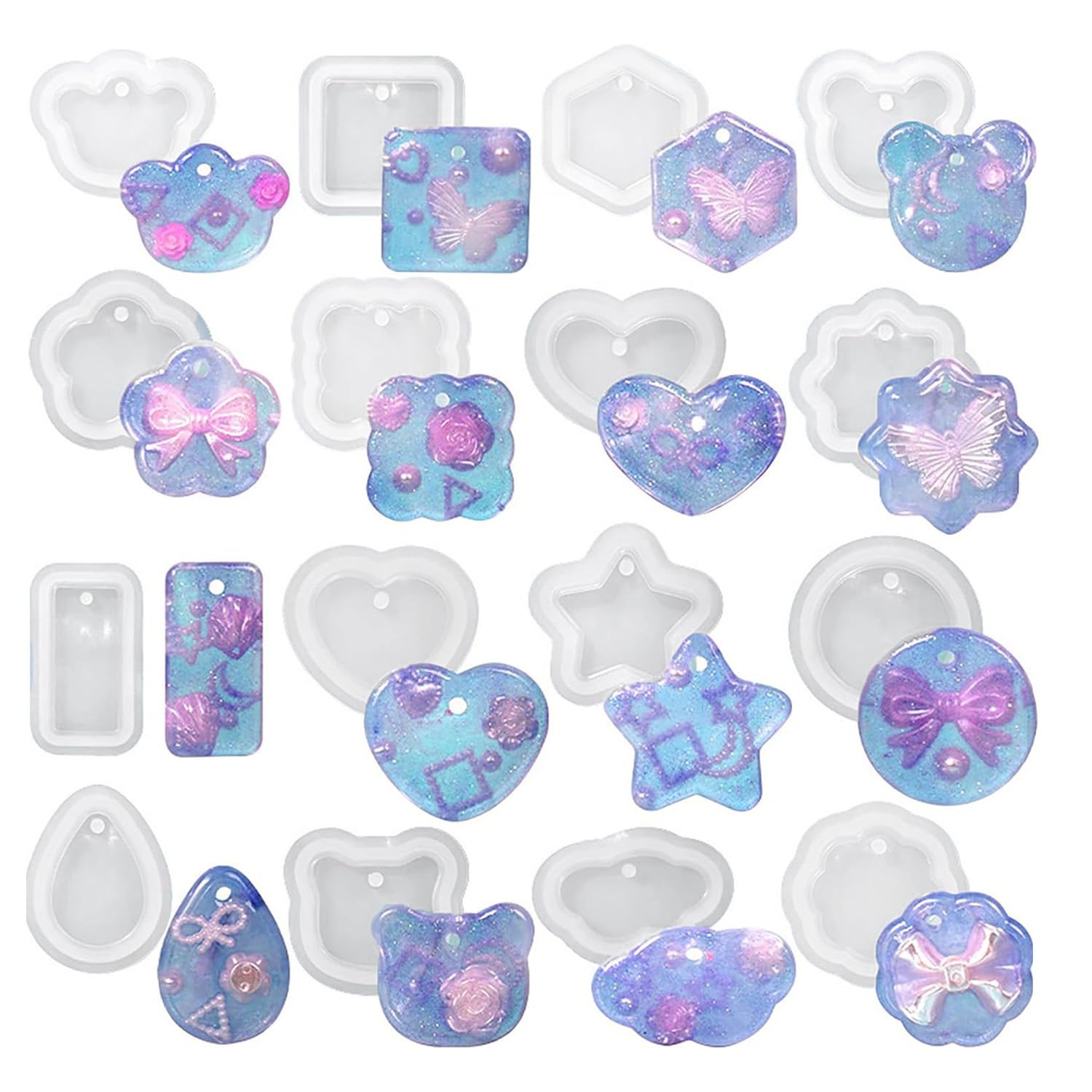 16 Pcs Silicone Resin Molds with Hole, Resin Casting Mould for Beginners, Epoxy Resins Moulds for Jewellery Making, Flexible Silicone Molds for Keychain Necklace Jewellery Pendant Making, DIY Craft