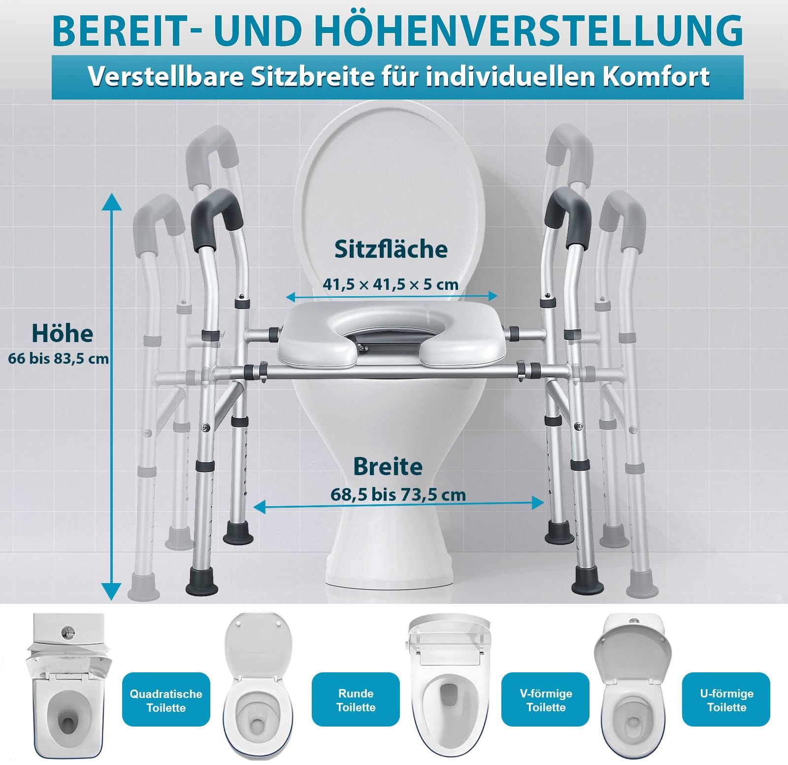 Toilettensitzerhöhung mit Griffen WC-Sitzerhöhung mit Aufstehhilfe 8-fach höhenverstellbar breitenverstellbarer erhöhter Toilettensitz stabiler Toilettenerhöhung, mit deutscher Anleitung