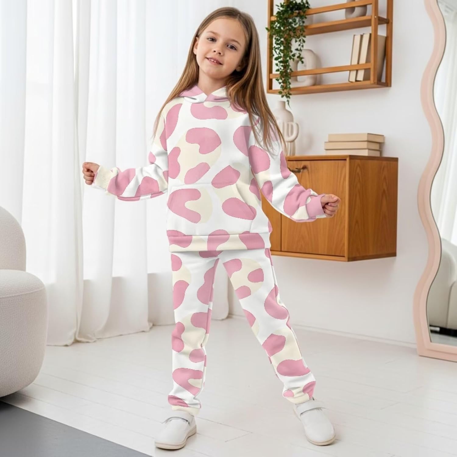 Girls Jogging Suits Drop Shoulder Hoodie Sweatshirt Pants Outfits Soft 2 Piece Sweatsuits for Kids