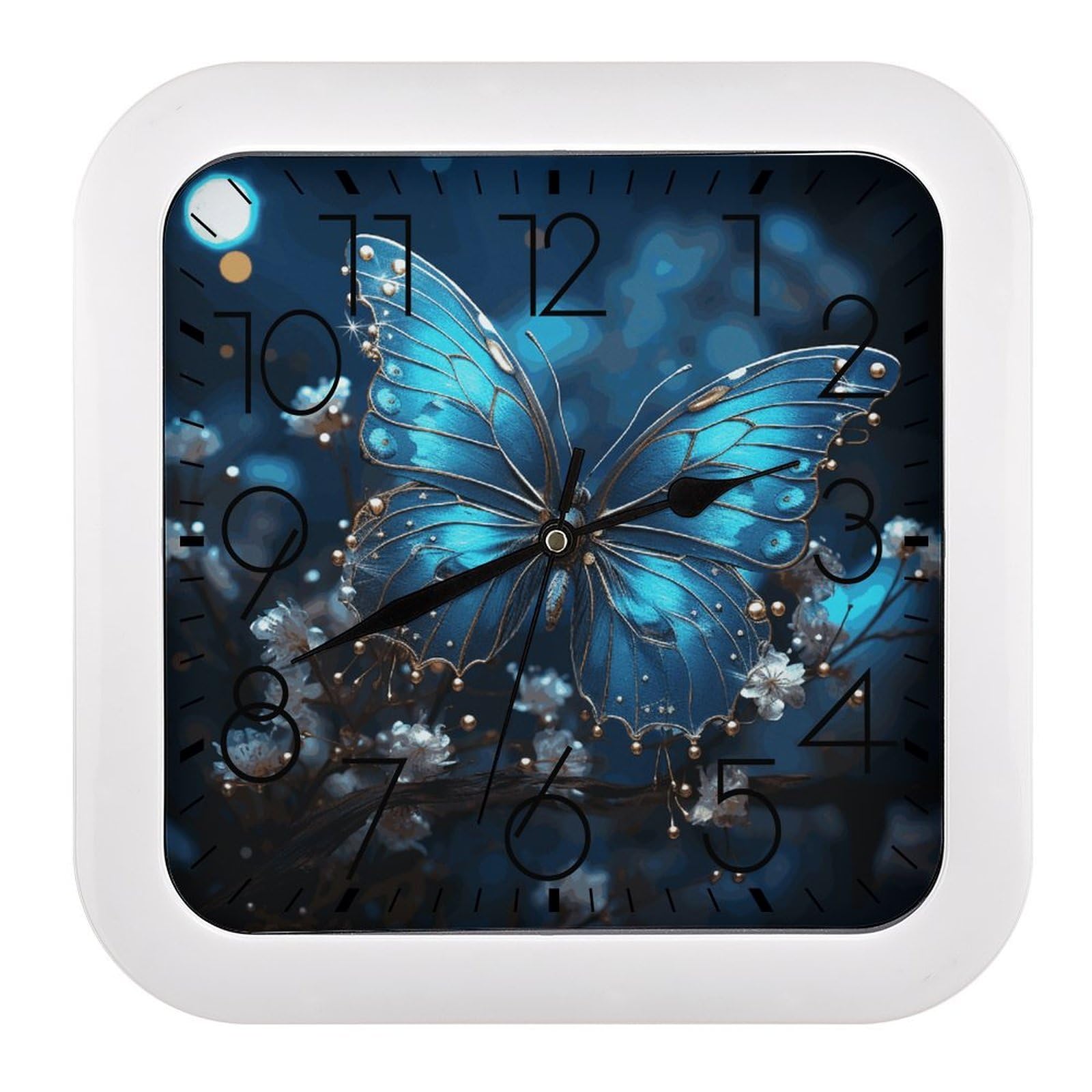 Horloge murale silencieuse à piles carrée moderne lune et papillon bleu