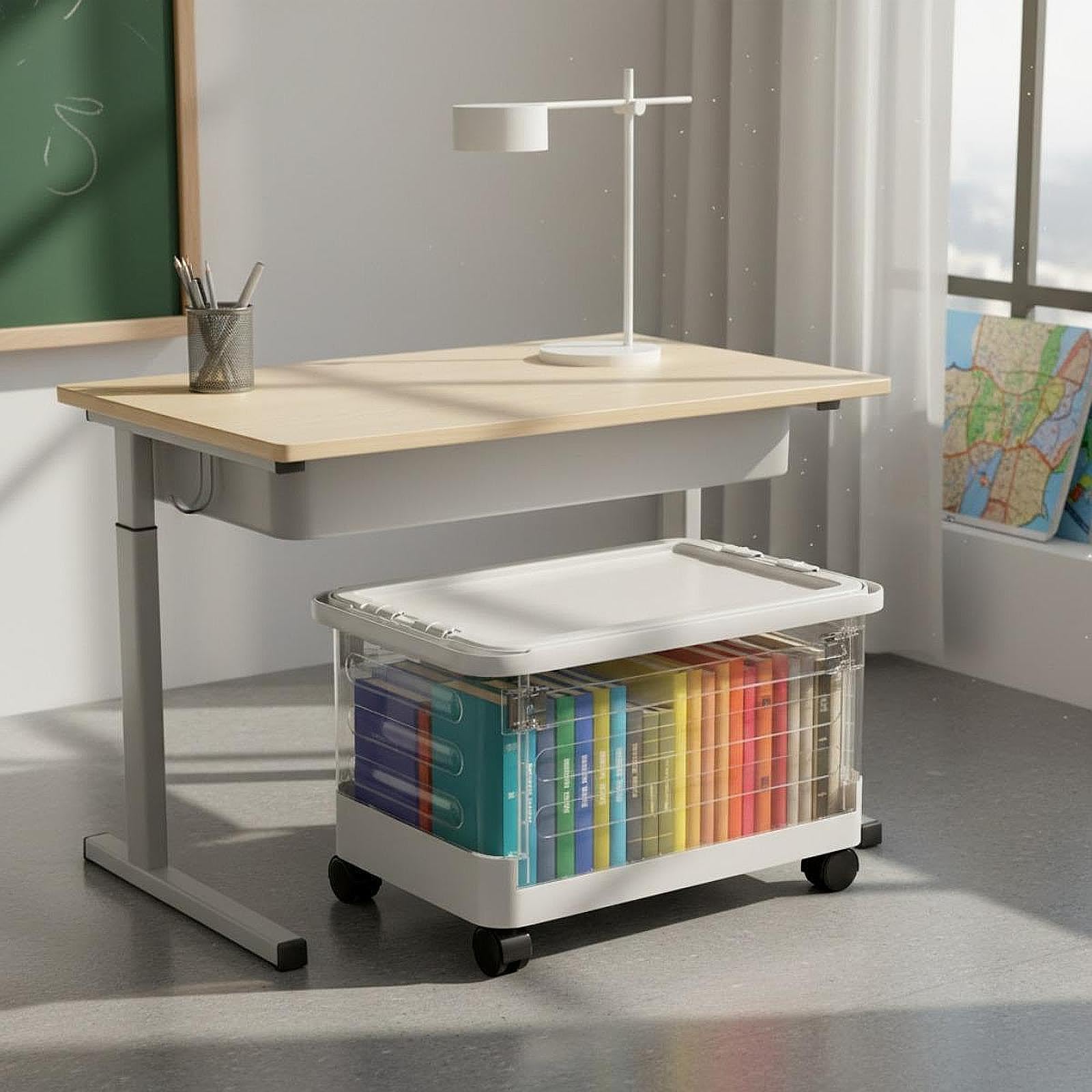 Qianly Carrello Pieghevole Portatile Cassetta con Manico Telescopico Ruote PP Multifunzione per Libri Spesa Organizzazione Cancelleria Materiale Didattico, Chiaro