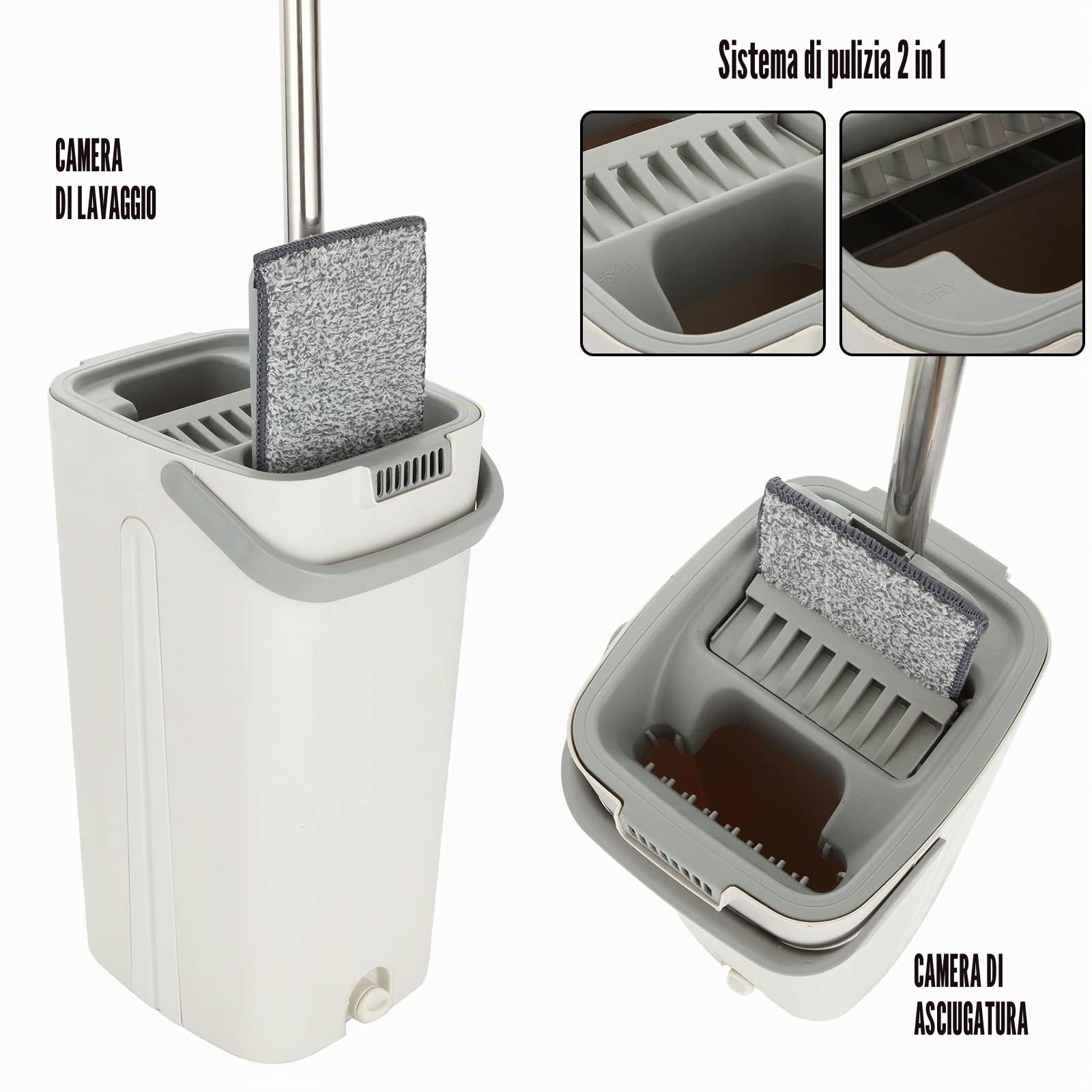 ASelected Set di mocio piatto e secchio, mocio a mani libere, con 10 panni in microfibra riutilizzabili e manico lungo 123 cm, manico in microfibra per piastrelle, marmo, legno duro