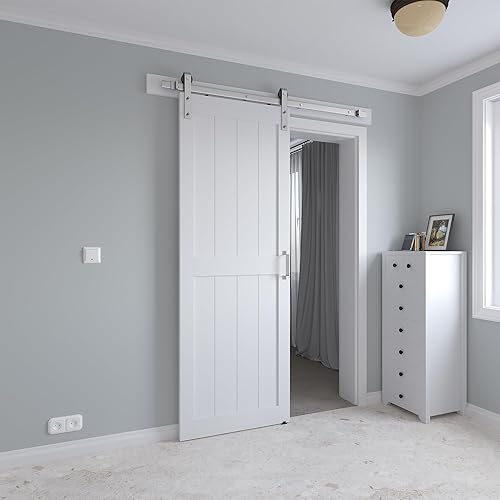 Miniatura 66 de Puerta corrediza de granero MDF de 48 x 80 pulgadas con kit de herrajes para puerta de granero de 8 pies y asa, agujeros preperforados, fácil Blanco