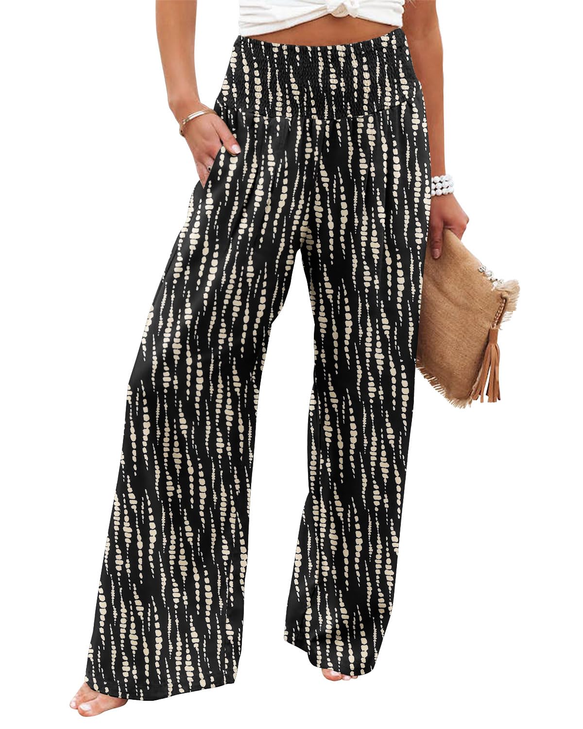 Angerella Womens Elastic High Waisted Palazzo Pants Casual Wide Leg Long Lounge Pant Trousers with Pocket