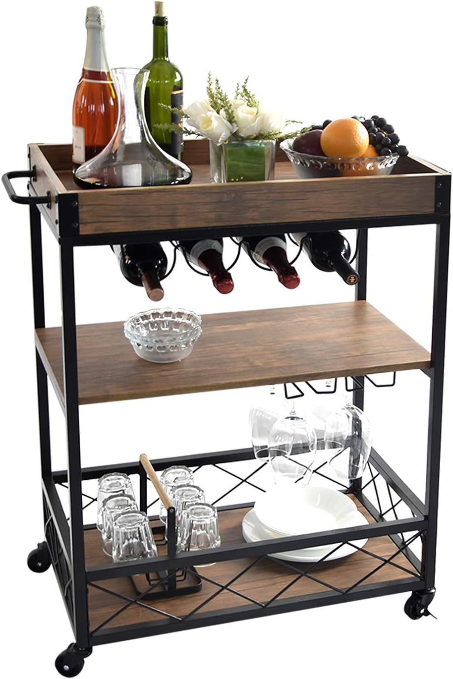NSdirect Kitchen Cart,Industrial Kitchen Bar&Serving Cart Rolling Utility Storage Cart with 3-Tier Shelves,Metal Wine Rack Storage and Glass Bottle Holder,Removable Wood Top Box Container,Brown