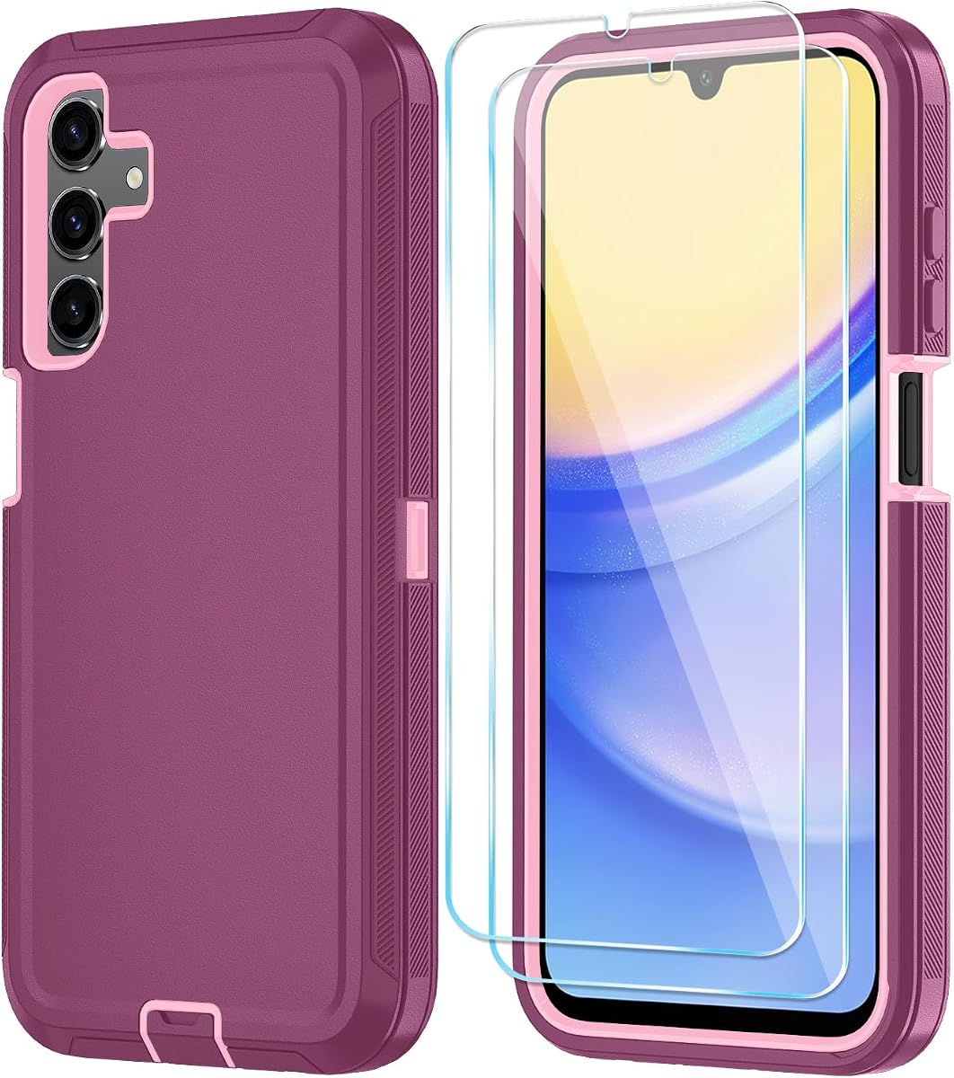 Qinmay Phone Case for Samsung Galaxy A15 5G Case with HD Screen Protector, Heavy Duty Shockproof & Dropproof 3-Layer Cover Phone Case for Galaxy A15,WineRedPink
