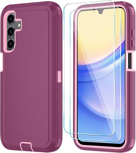 Qinmay Phone Case for Samsung Galaxy A15 5G Case with HD Screen Protector, Heavy Duty Shockproof & Dropproof 3-Layer Cover Phone Case for Galaxy A15,WineRedPink