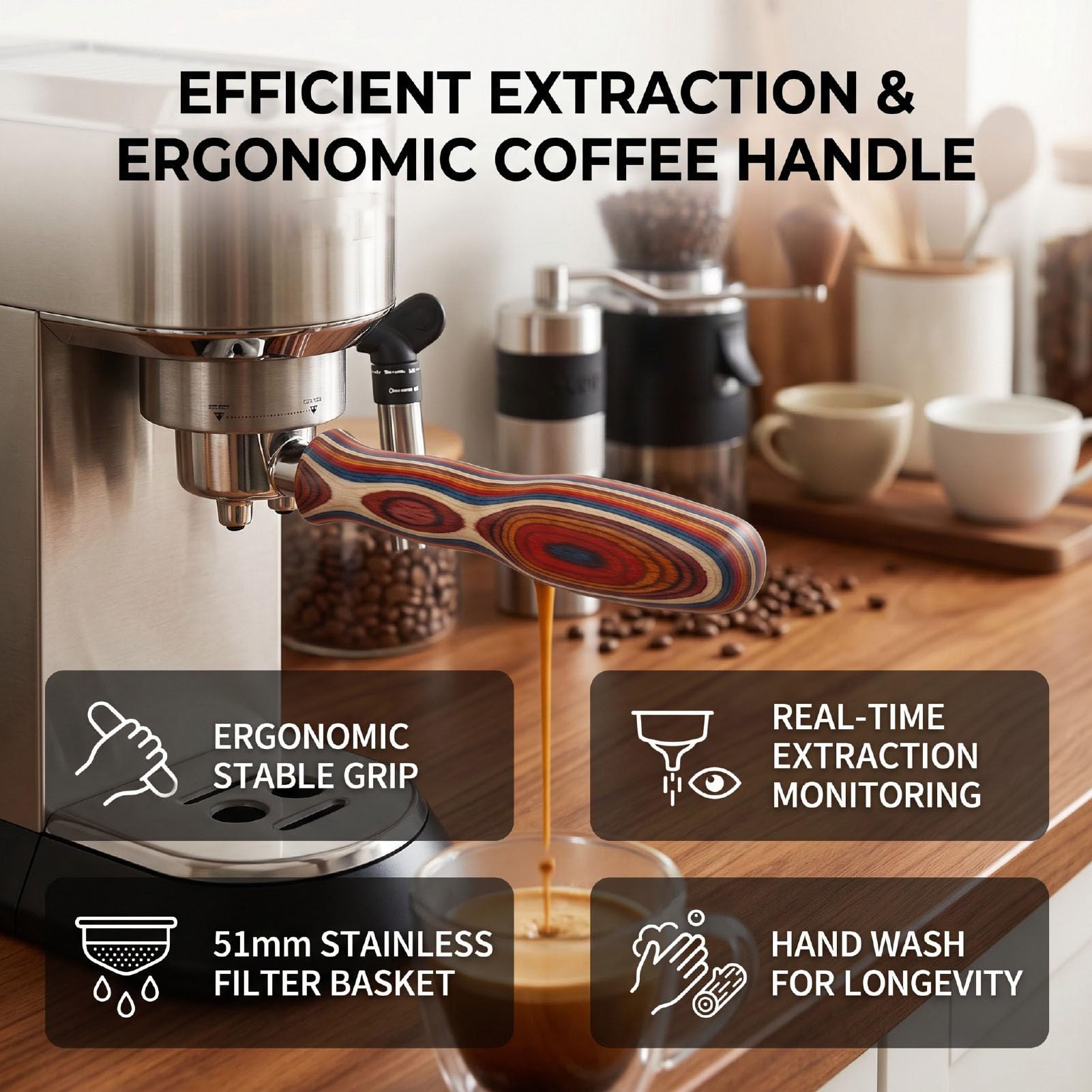 Portafiltro per caffè da 51 Mm, Manico in Legno di Betulla