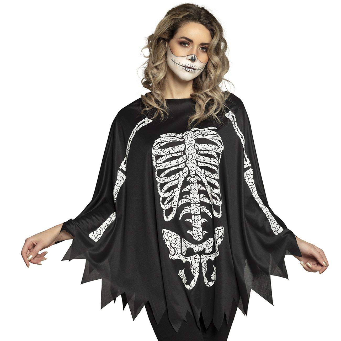 Boland Skeleton Poncho for Adults, One Size, Black and White Halloween Costume with Skeleton Bones Design  Comfortable Outfit for Parties and Festivals