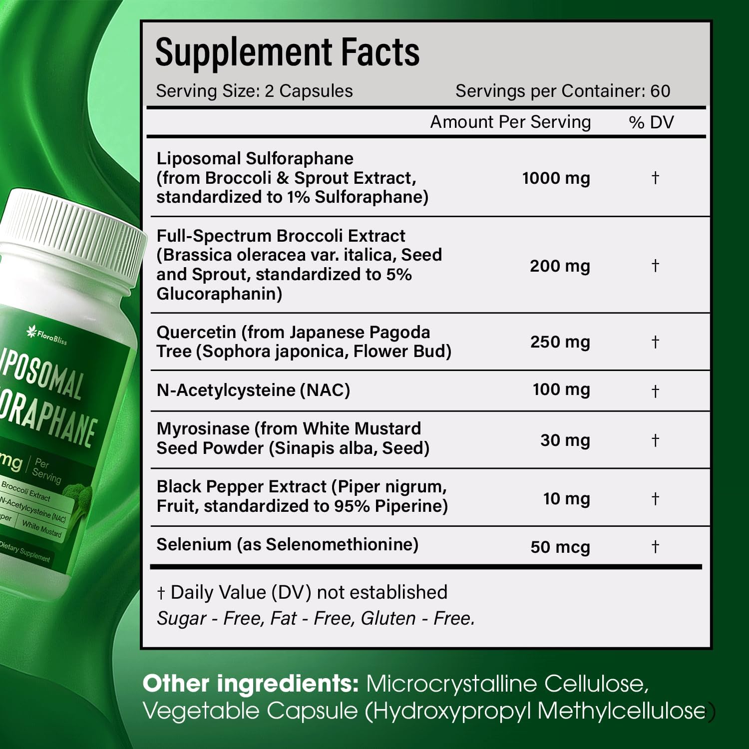 FloraBliss 120 Liposomal Sulforaphane Supplement+ 1000mg Capsules - Broccoli Extract | with Quercetin, Selenium & NAC - High Potency Non-GMO - Vegan - Non GMO