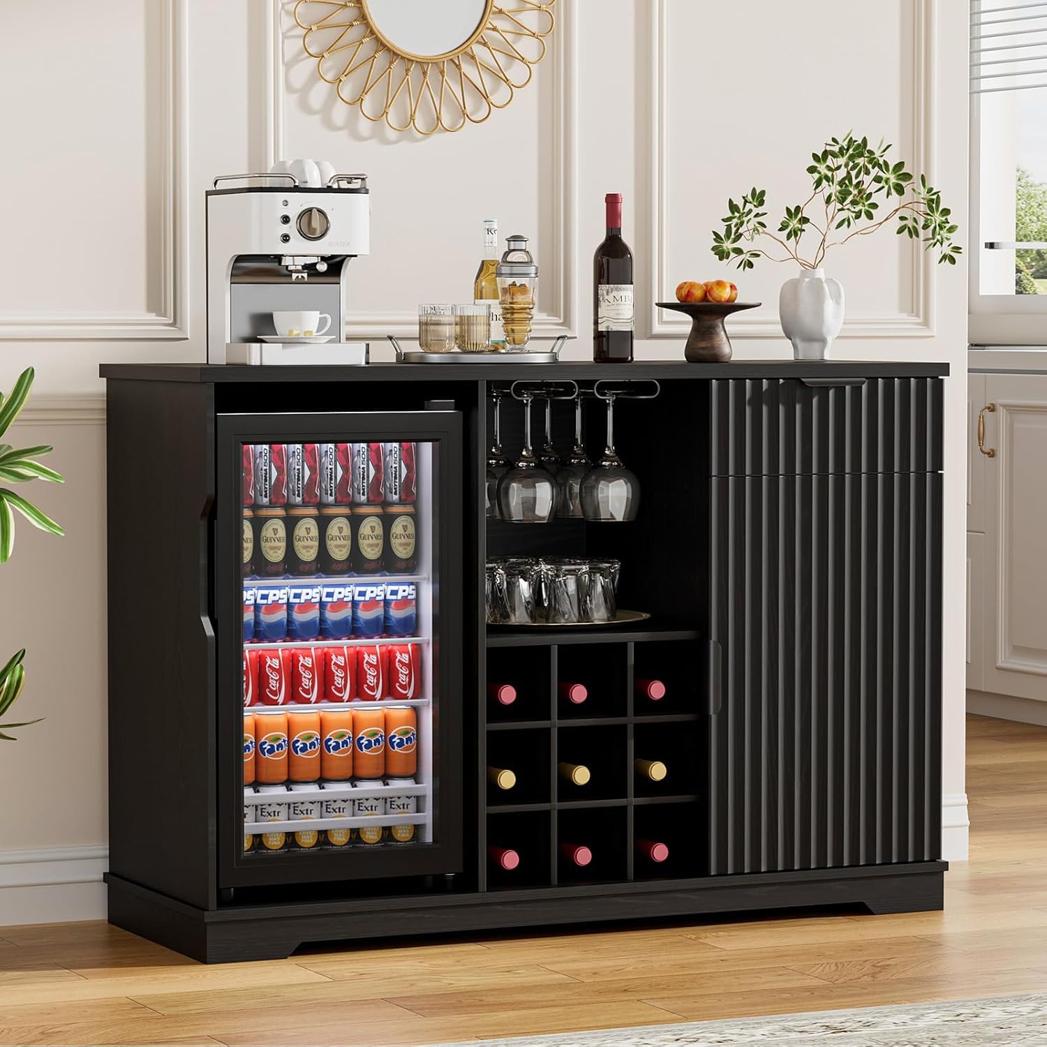 Kaffeebar-Schrank mit integriertem Kühlschrank, geriffelter Weinschrank mit Weinregal & Gläserhalter, Buffet Sideboard mit Spirituosenschrank, Schublade & Stauraum, Hausbar, Schwarz