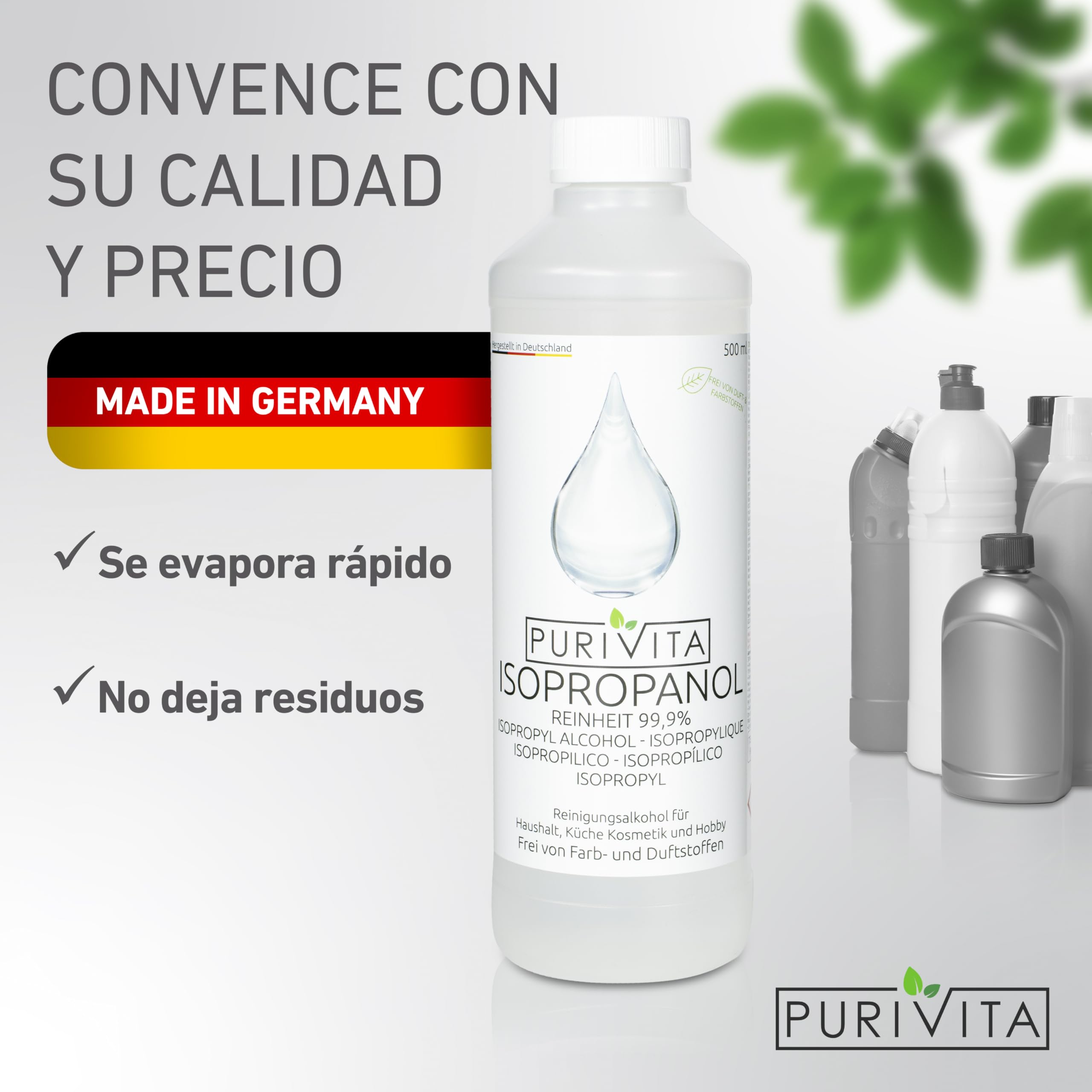 PURIVITA Alcohol Isopropilico 99,9% 500ML - Isopropyl Alcohol Limpiador Desengrasante