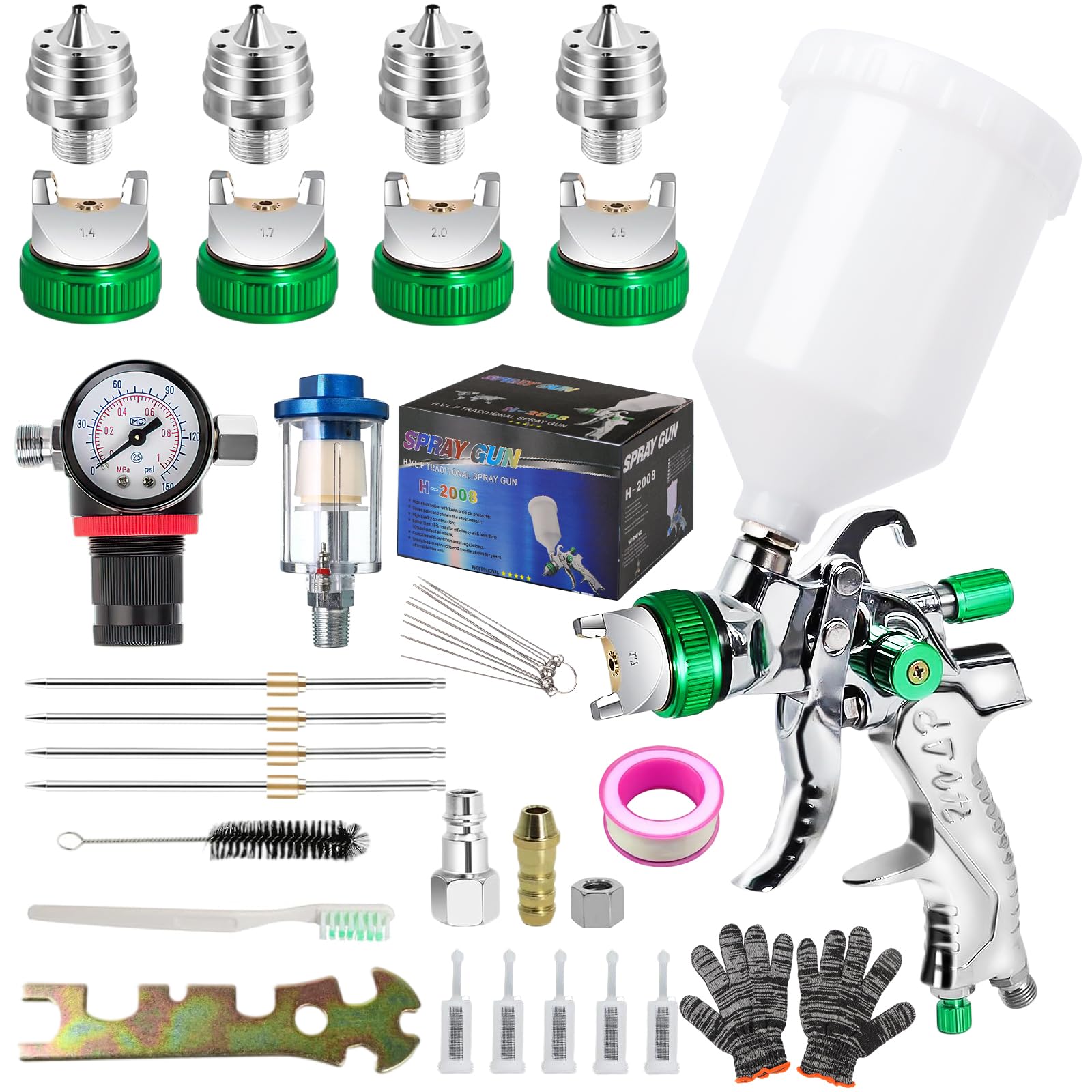 HVLP Lackierpistole Druckluft Kit mit 4 Düsen, Spritzpistole Lackierpistole Kit mit 1,4mm & 1,7mm & 2,0mm & 2,5mm Düsen, HVLP Lackierpistole Schwerkraft Sprühgeräte mit Farbsprühzubehör