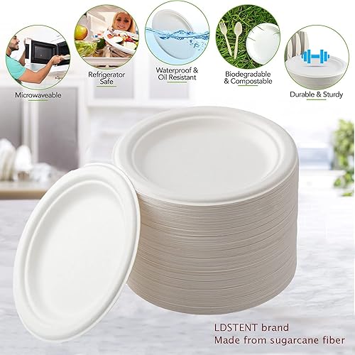 Miniatura 7 de LDSTENT Small Compostable Plates 7 Inch 125 Pack Platos Para Fiestas Elegantes Desechables Paper Disposable Biodegradable Made of Sugarcane Plate