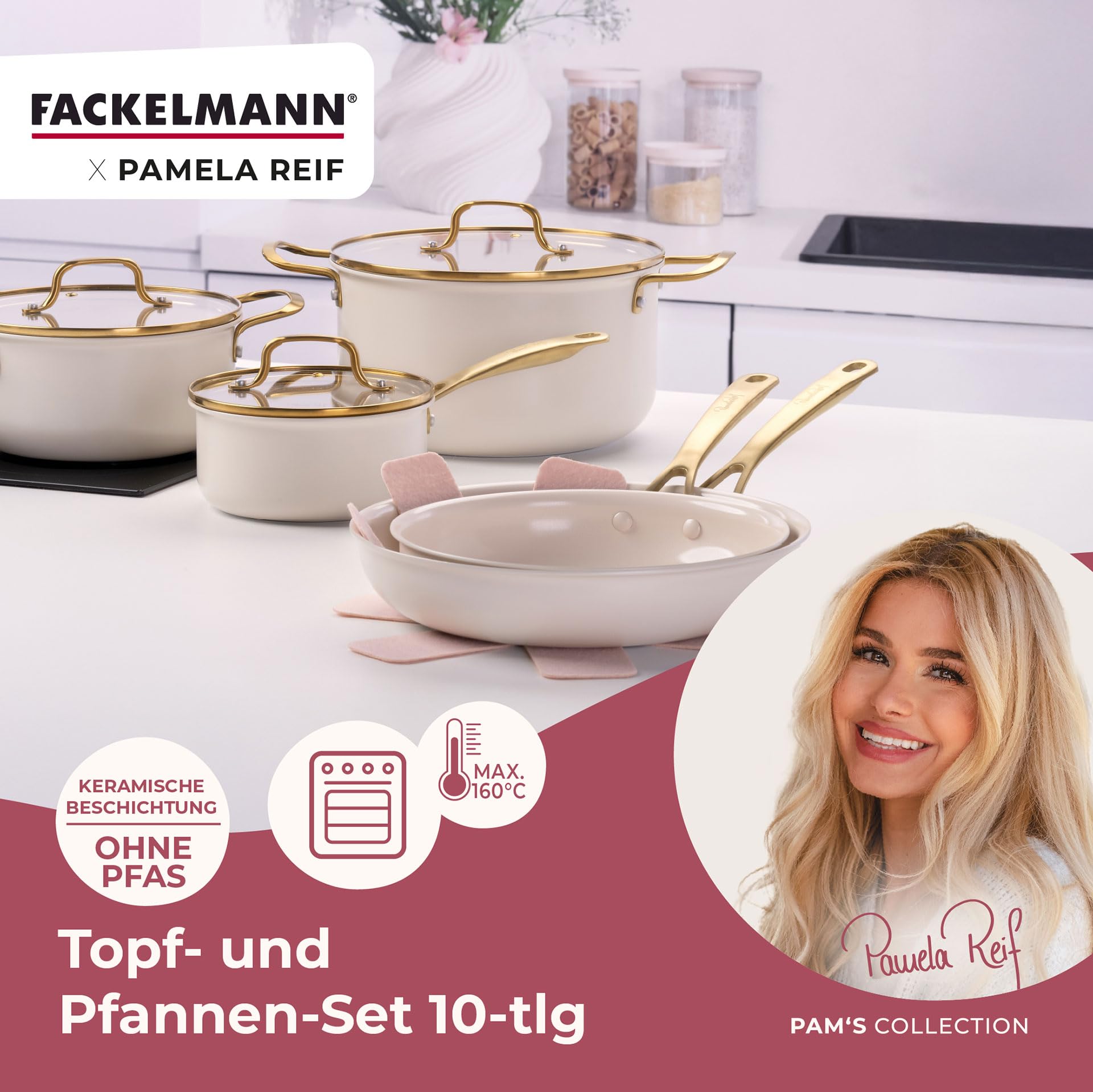 Fackelmann x Pamela Reif 10-teiliges Topf- und Pfannen-Set – gepresstes Aluminium, pastell beige, inkl. Pfannenschutz, für alle Herdarten geeignet