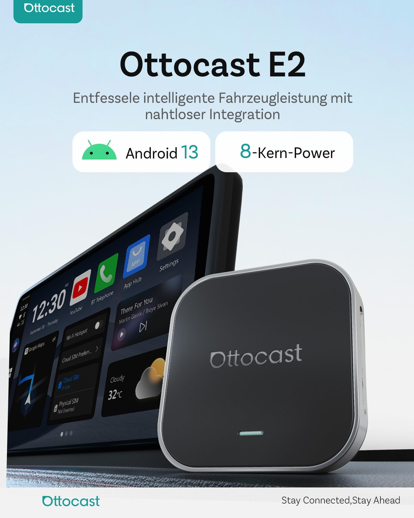 OTTOCAST OttoAibox E2 2026 Android 13 Car AI Box – Wireless CarPlay & Android Auto Adapter, 3-in-1 Smart System, CloudSIM 3.0, Dual WiFi, Split Screen, Plug & Play Car Multimedia Upgrade