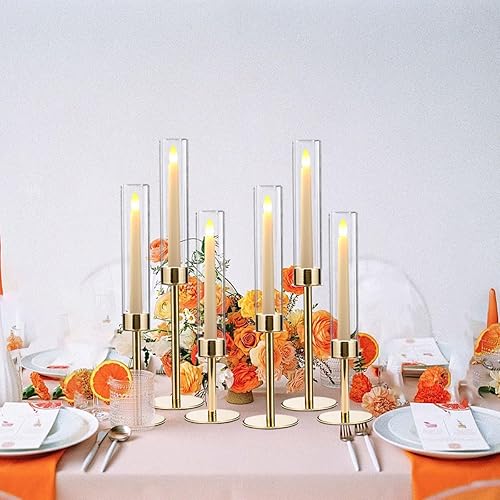 Miniatura 5 de VINCIGANT Portavelas dorado a granel 6 para centro de mesa, portavelas de metal con pantalla acrílica para bodas, fiestas, Halloween, Navidad,