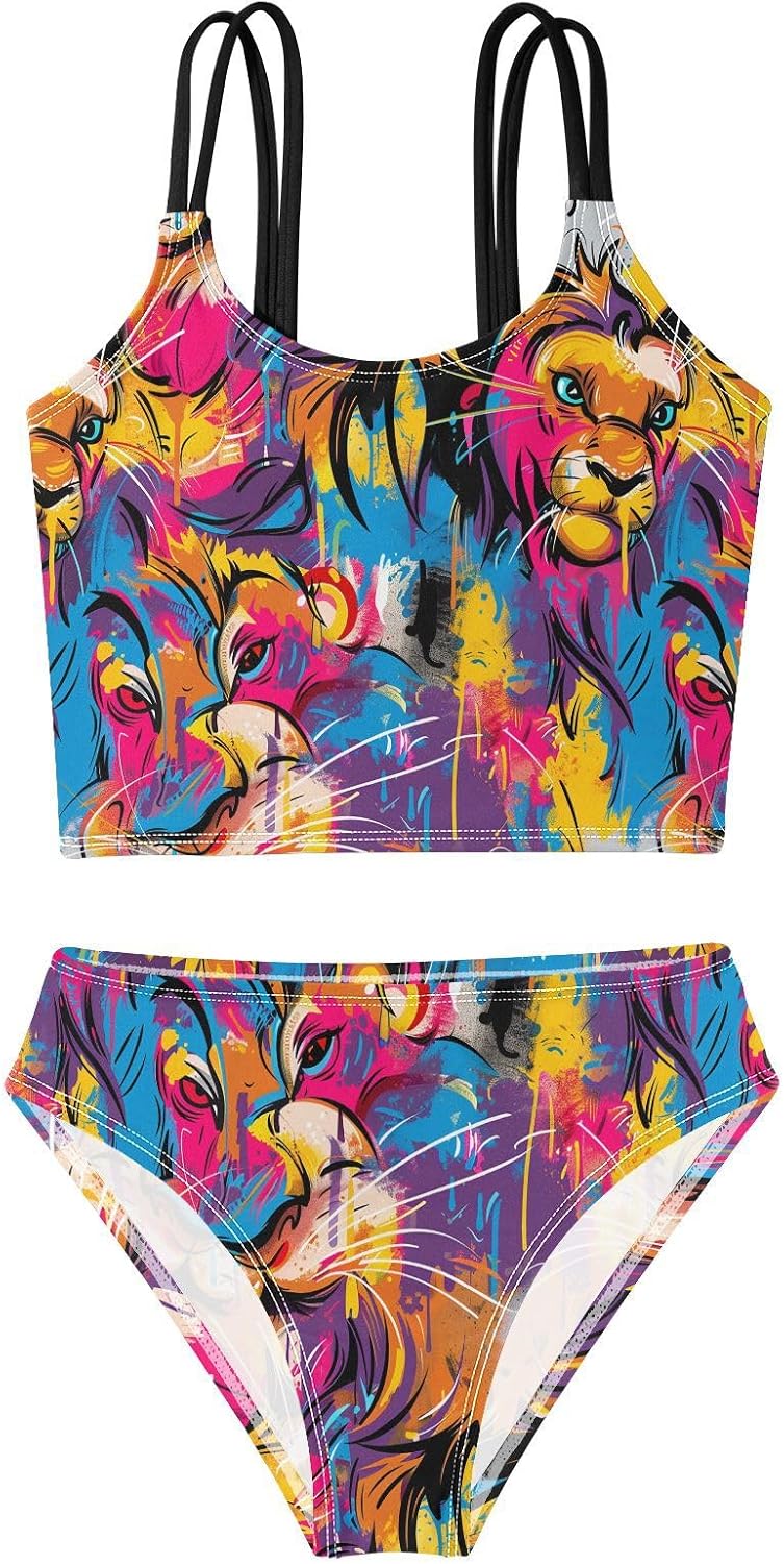 visesunny Girls Two Piece Swimsuits Fierce Colorful Abstract Lion Girl's Bikini Sets Bathing Suits for Girls Size 5-12Y