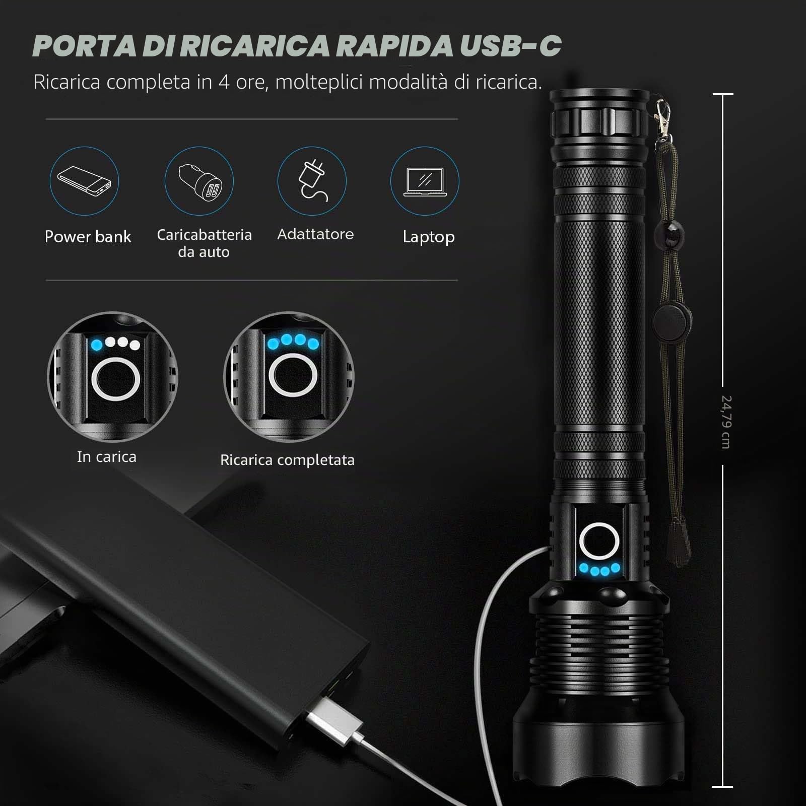 DOTCOM Lylting - Torcia ricaricabile da 250000 lumen, super luminosa, con cavo USB, 5 modalità, impermeabile, potente torcia per campeggio ed escursionismo