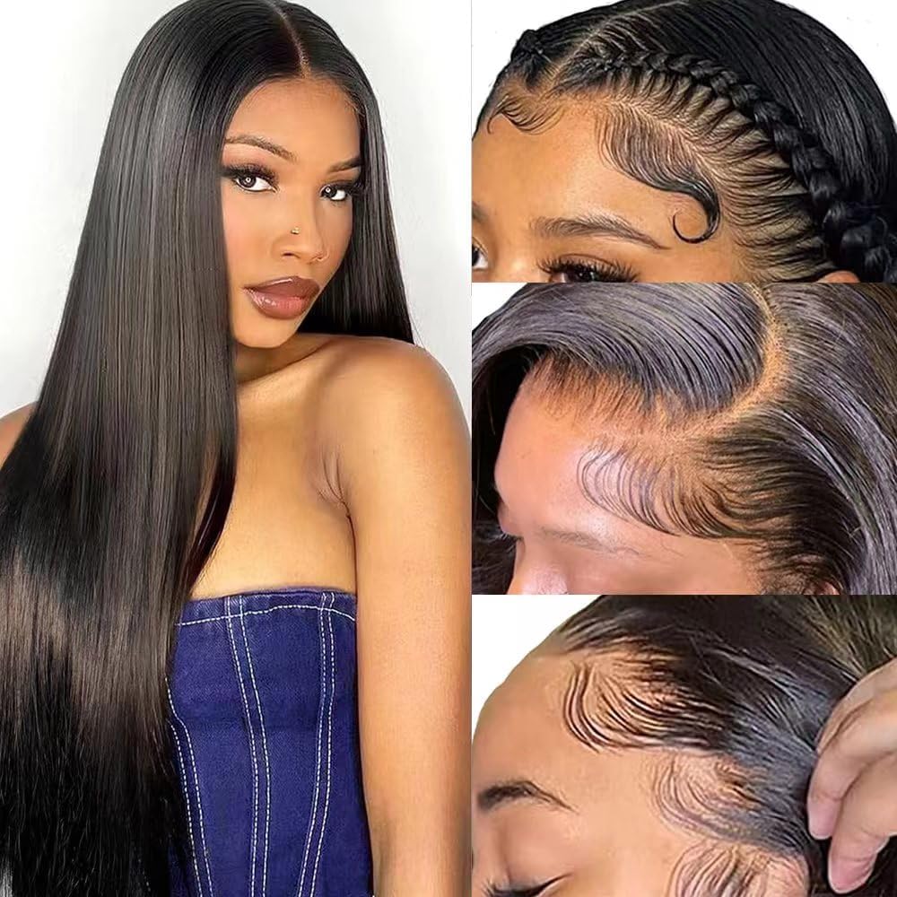 24 inch Straight Lace Front Wigs Human Hair Pre Plucked 13x4 HD Transparent Human Hair Wigs for Black Women Glueless Brazilian Virgin Hair Wig 180% Density Pre Plucked with Baby Hair Hairline
