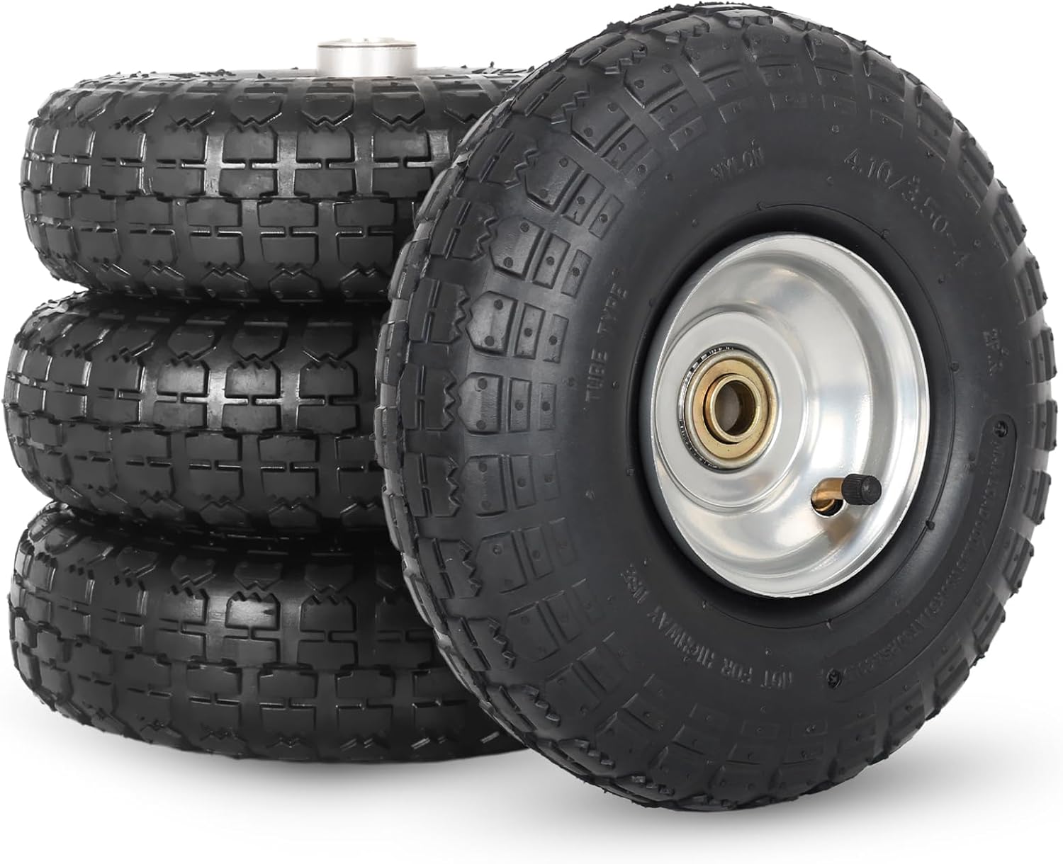 4.10/3.50-4 Pneumatic Tire, 10" Tire and Wheel, 4 Pack, with 2.25" Offset Hub, 5/8" Axle Bore Hole, Sealed Bearings, for Hand Truck Trolley Dolly Cart