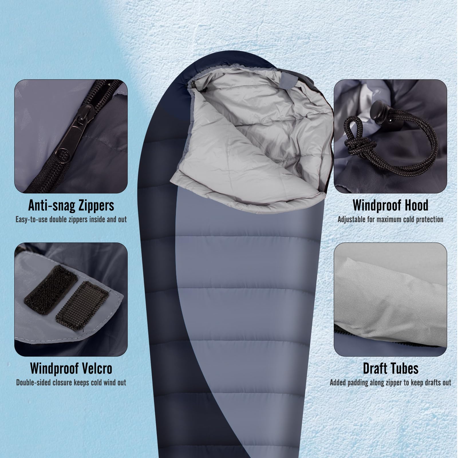 Leogreen Saco Dormir Pluma 210 cm, -15℃~5℃ 3-4 Estaciones | Extra Cálido, Tipo Mumia, Ideal para Camping, Trekking y Alta Montaña