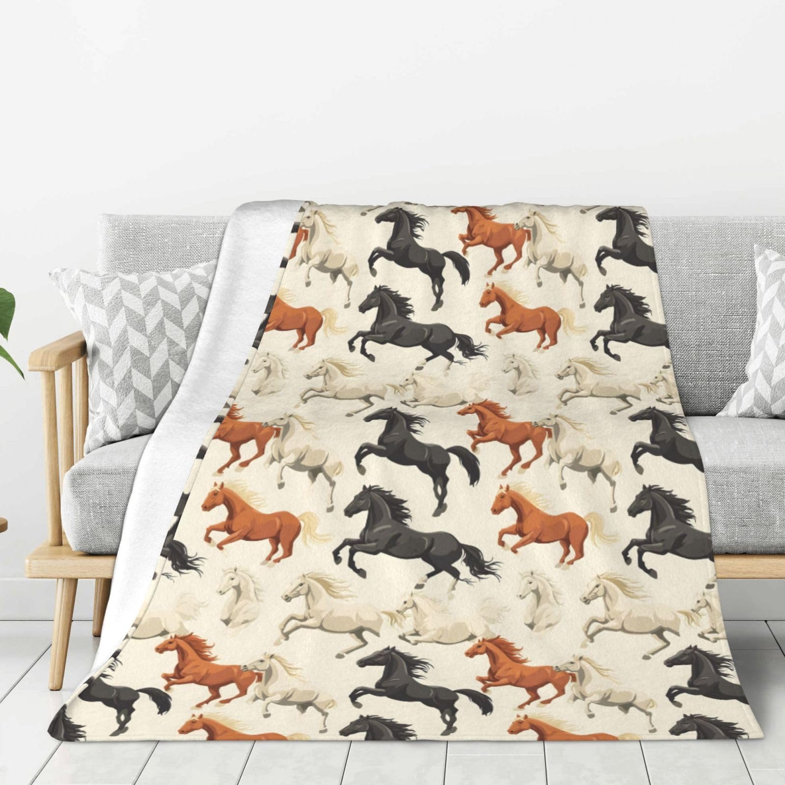 Couverture plaid flanelle motif cheval 127x152 cm pour lit et canapé