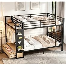 Bellemave Bunk Bed Queen Over Queen,Metal Bunk Beds with Shelf and Guardrails and Storage Drawers and Clothes Hooks for Kids, Teens & AdultsBlack
