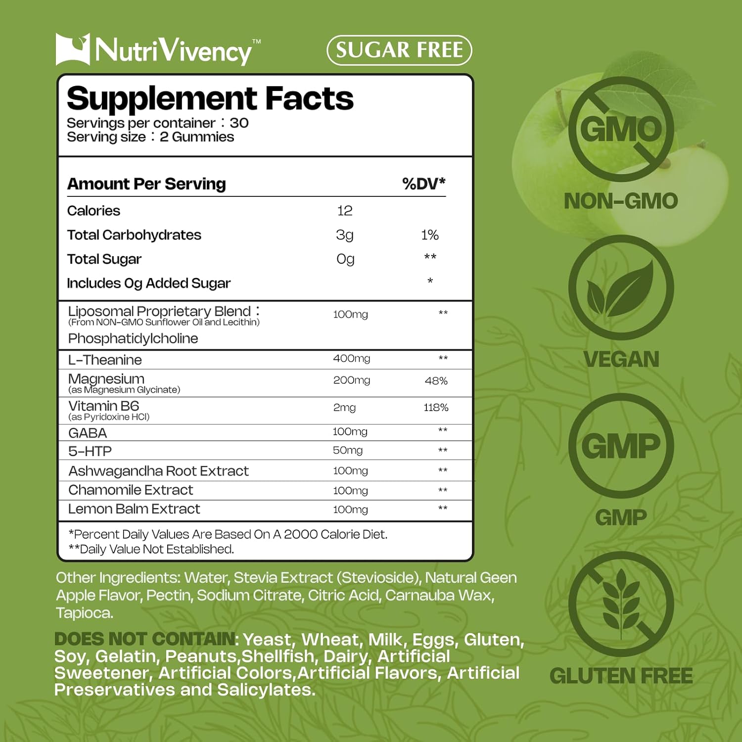 Liposomal L-Theanine Gummies, Sugar Free L Theanine 400mg Gummies Supplement for Adults & Kids, l'theanine Chewable for Relax & Improved Focus, Enhanced Absorption, Vegan, Green Apple Flavor, 60 Count - Image 2