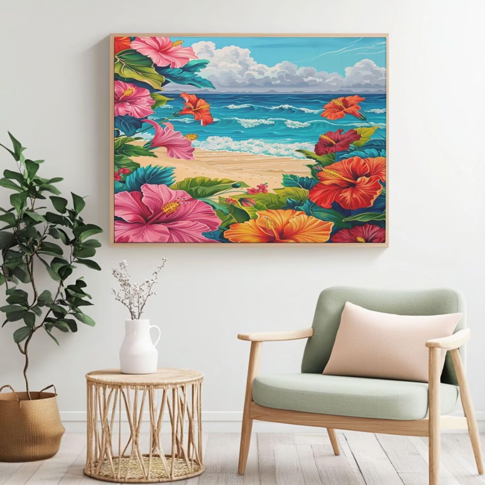 Kit per pittura con numeri per adulti, motivo: fiori, pittura da spiaggia con numeri per principianti, pittura acrilica con 6 pennelli, pittura a olio per decorazione da parete, 90 x 65 cm, senza